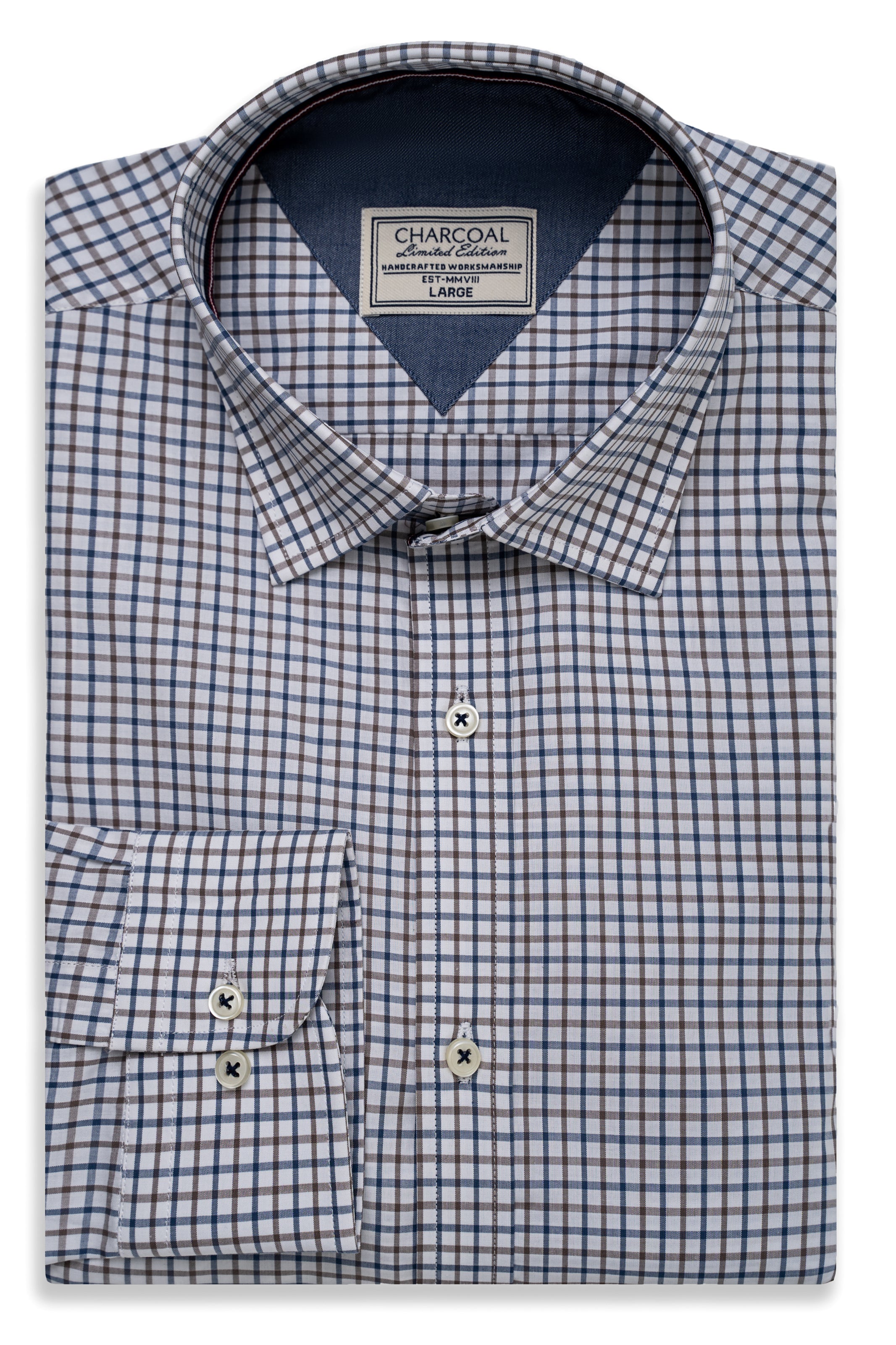 Limited edition check shirt in white with blue and brown plaid, front view
