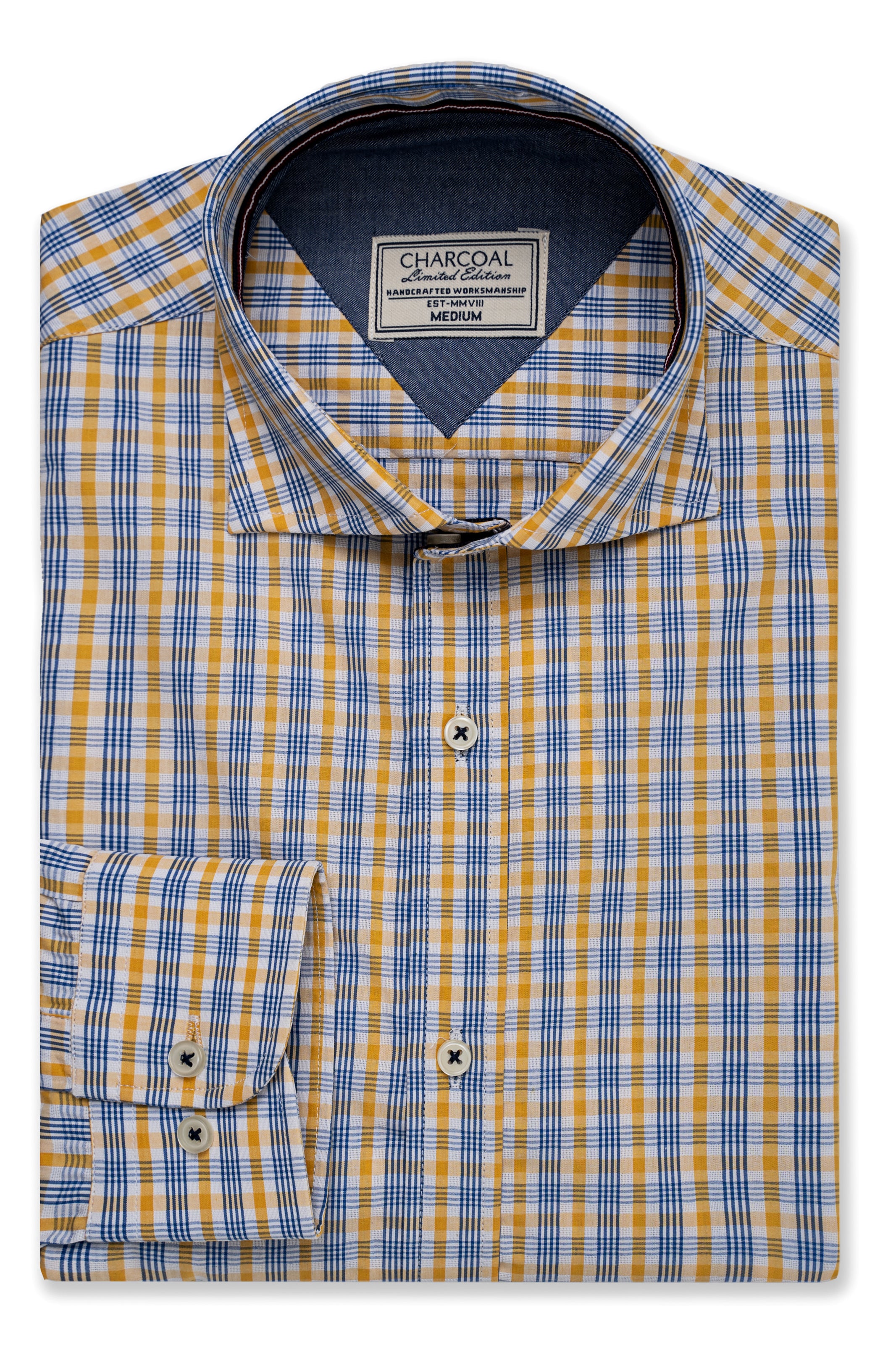 Limited edition check shirt in blue and mustard plaid with button-down collar