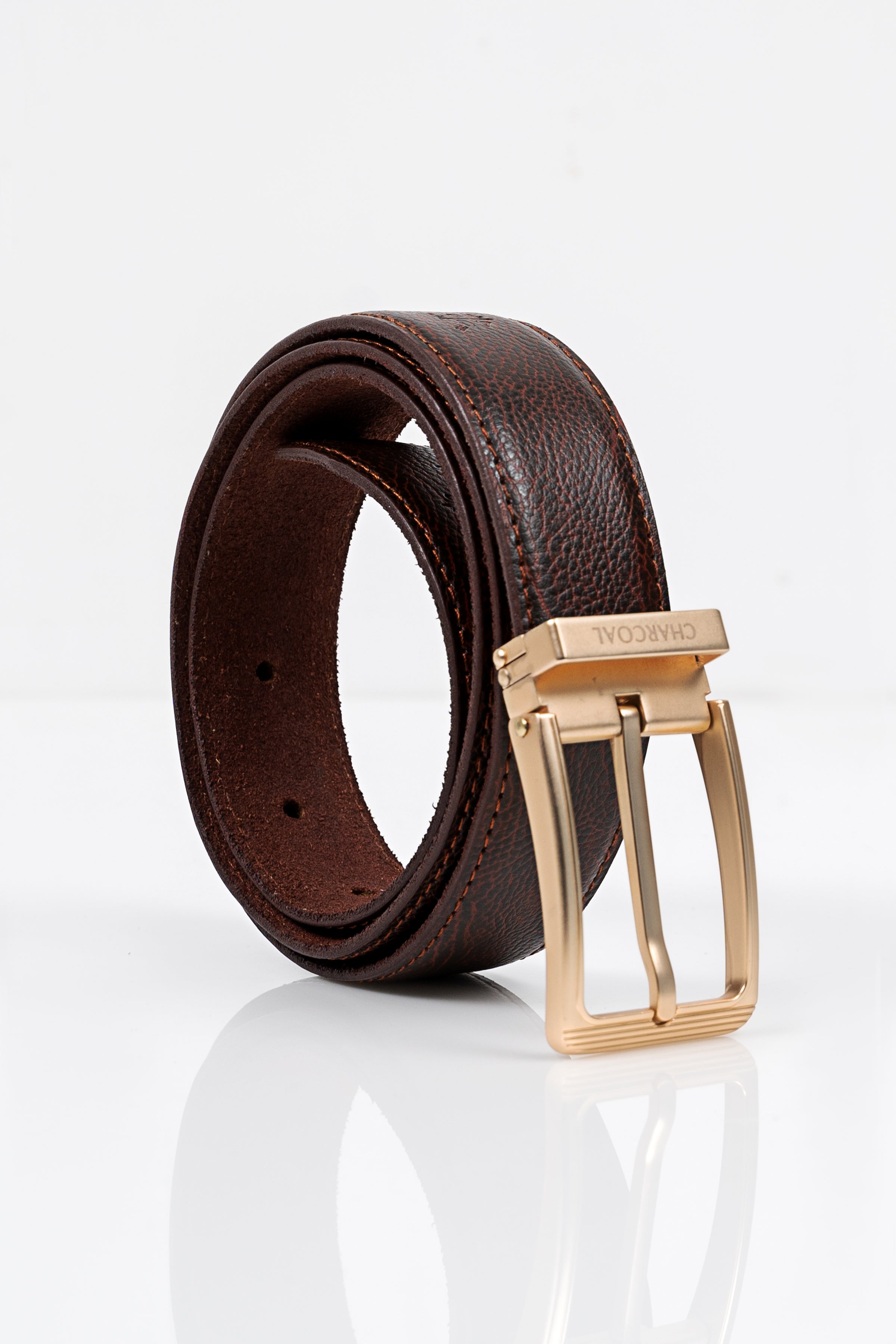 Brown leather formal belt with gold-tone rectangular buckle and stitched edge