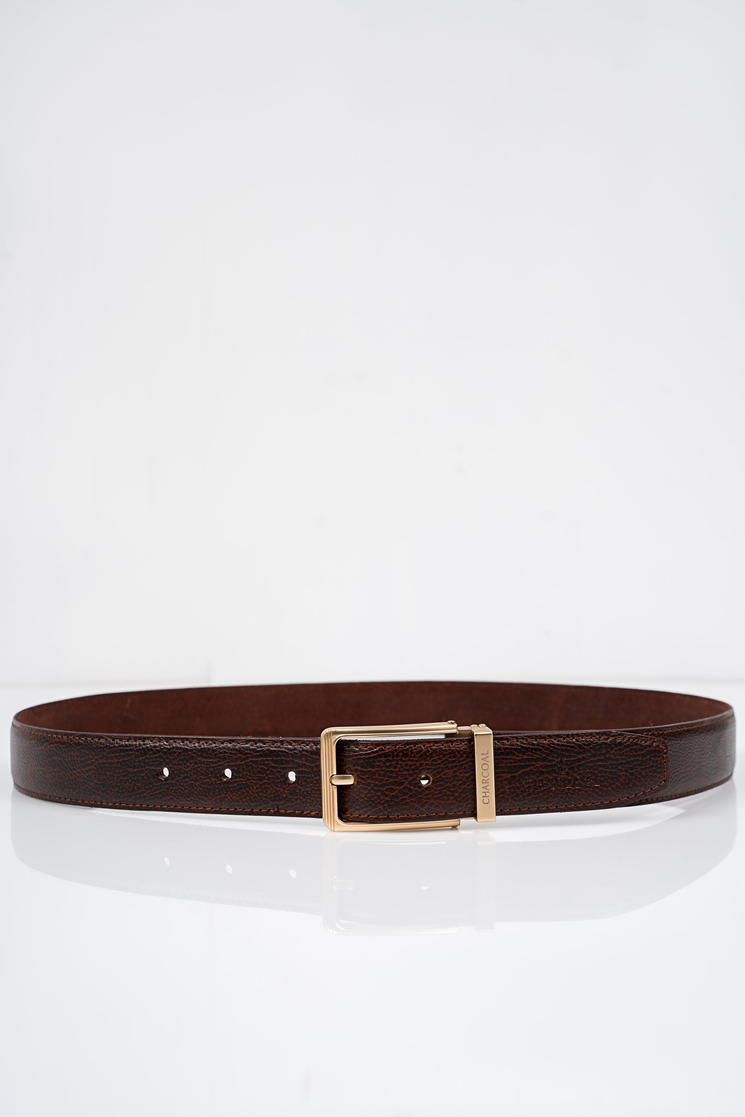 Brown leather formal belt with square gold-tone buckle and single strap