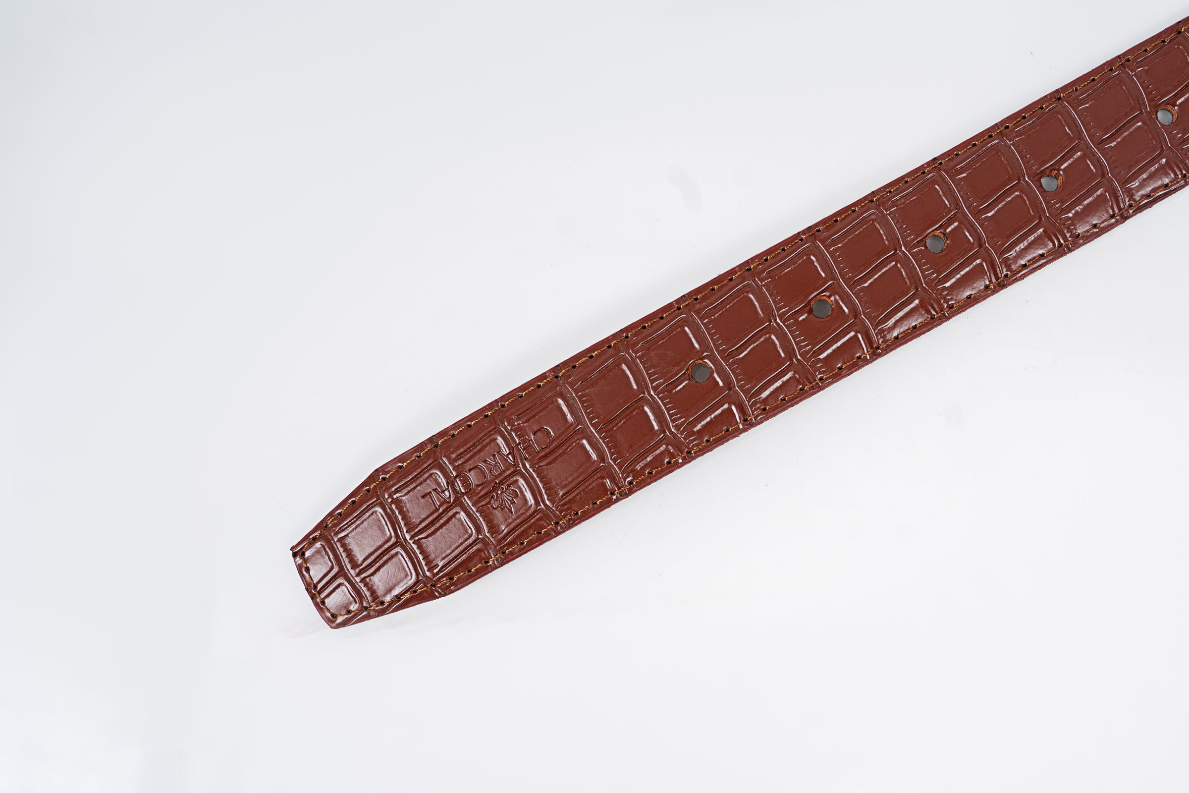 Brown crocodile-texture belt strap with stitching detail