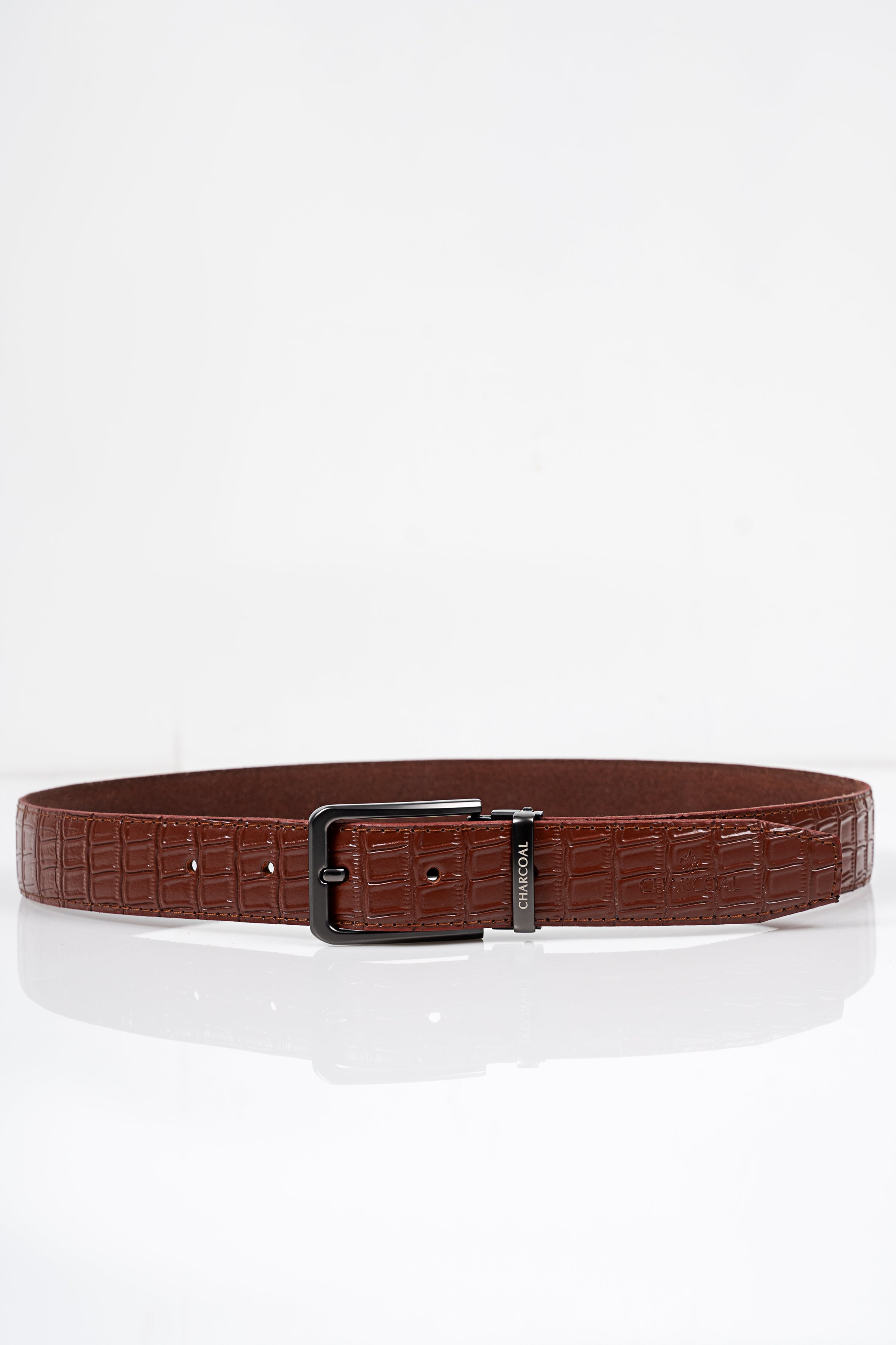 Brown crocodile-texture casual belt with square buckle