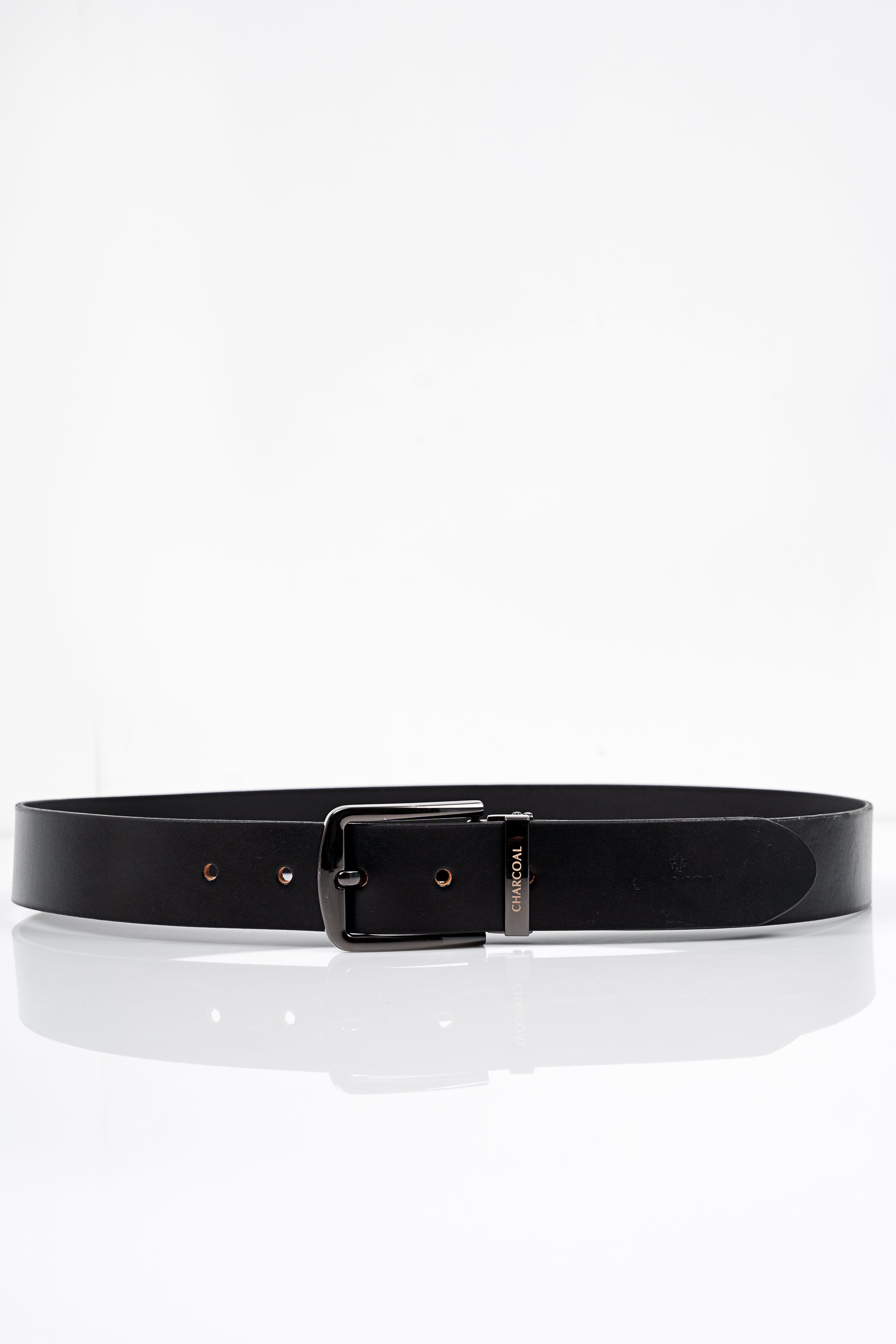 Black casual belt with metal buckle and stitched strap