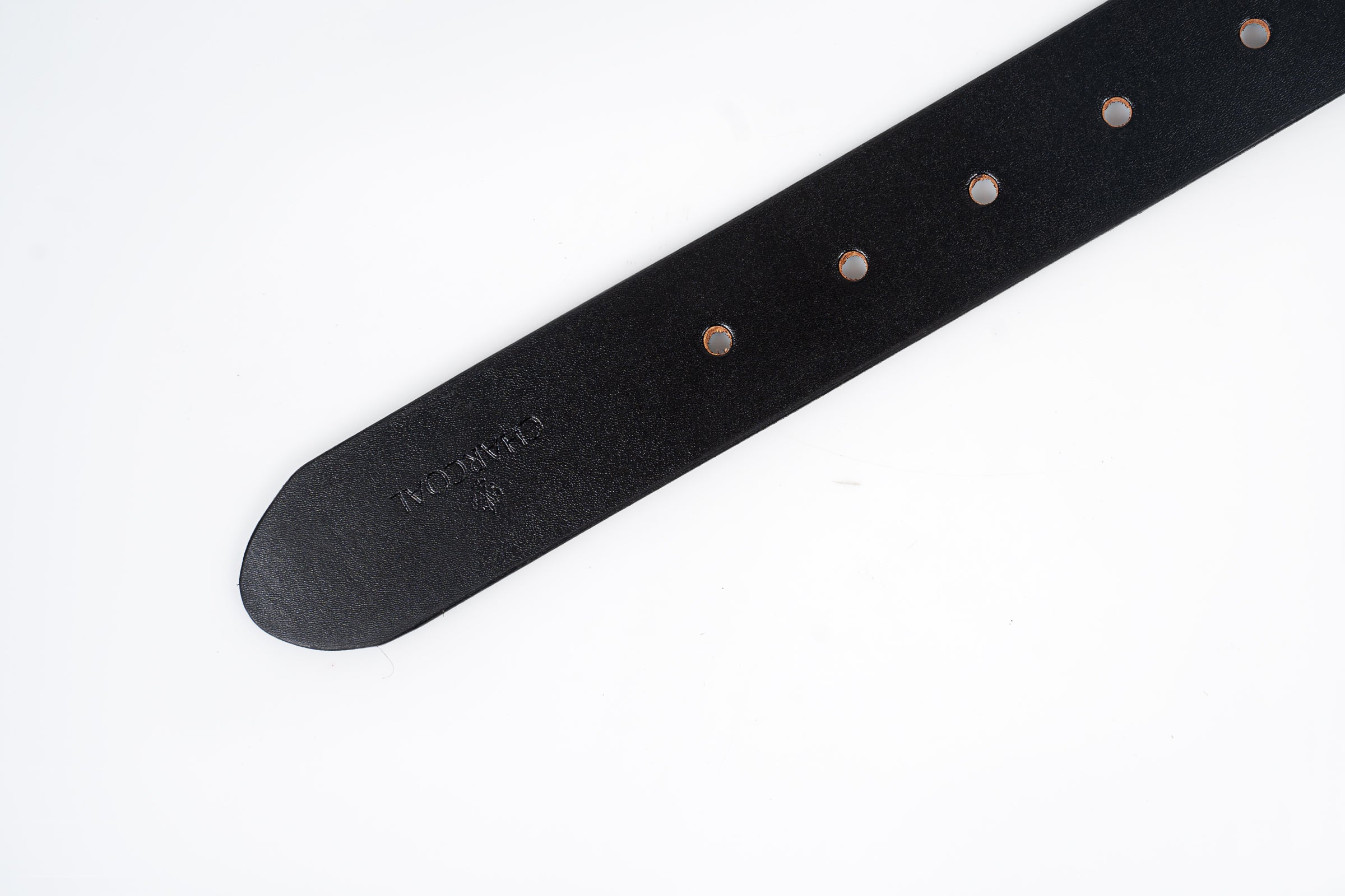 Black casual belt strap with row of punched holes, curved end