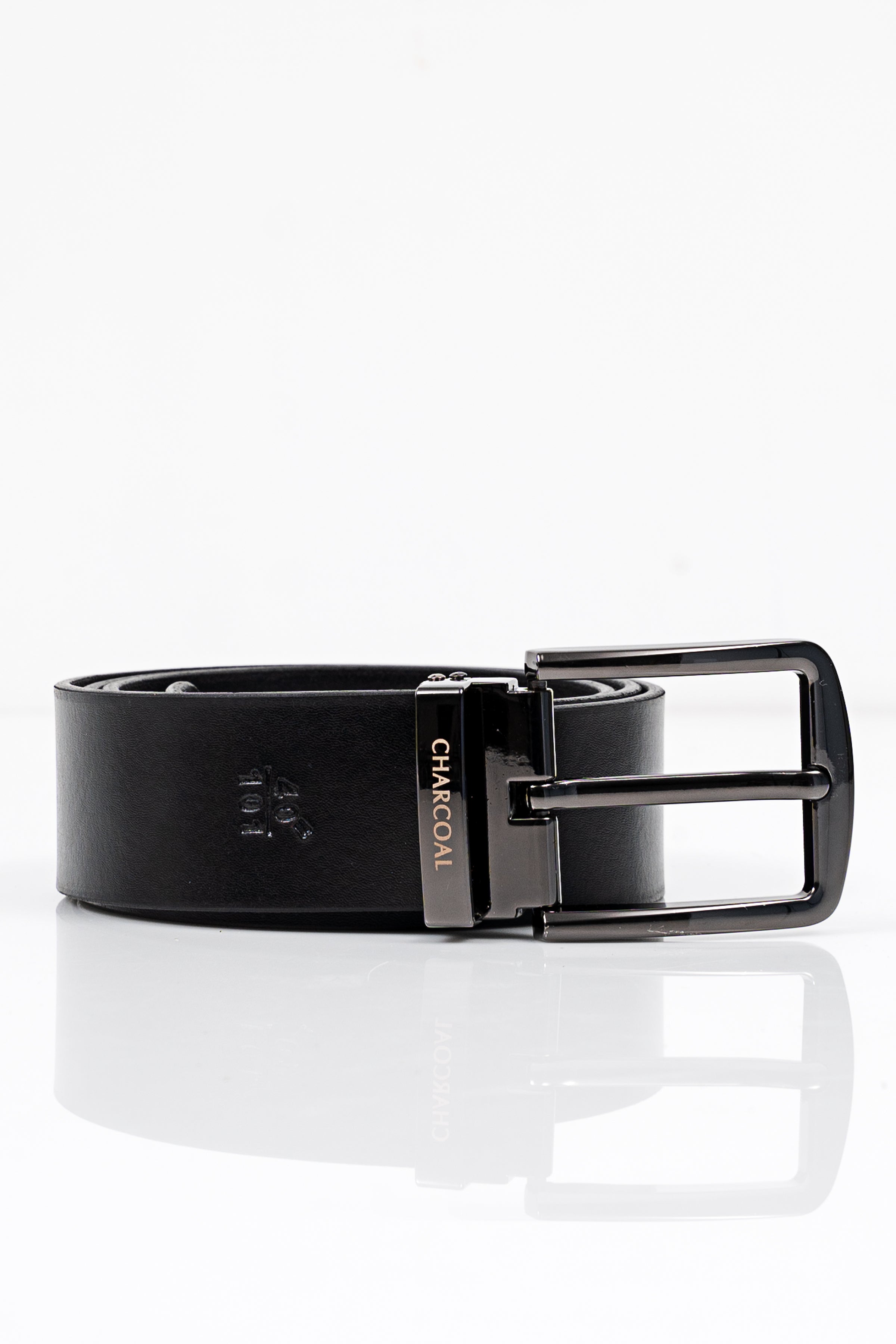Black casual belt with square metal buckle and embossed text