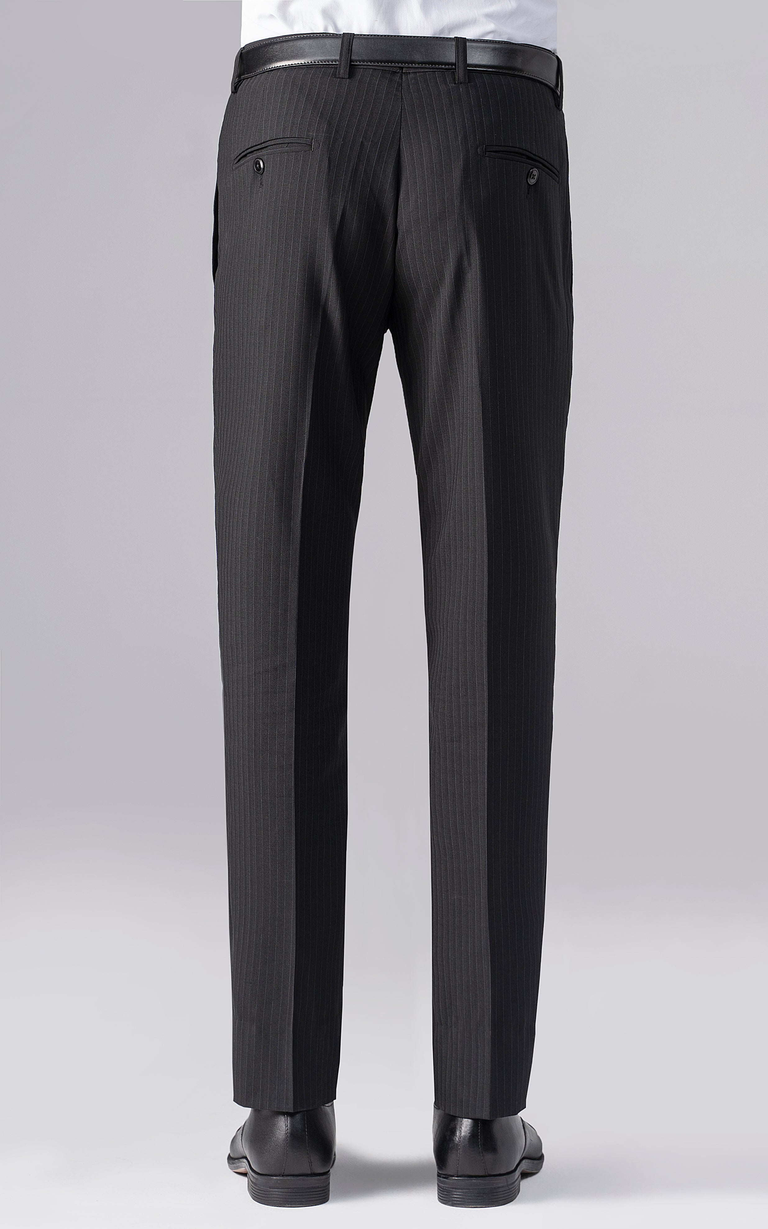 Slim-fit black dress pants with two rear pockets and belt loops