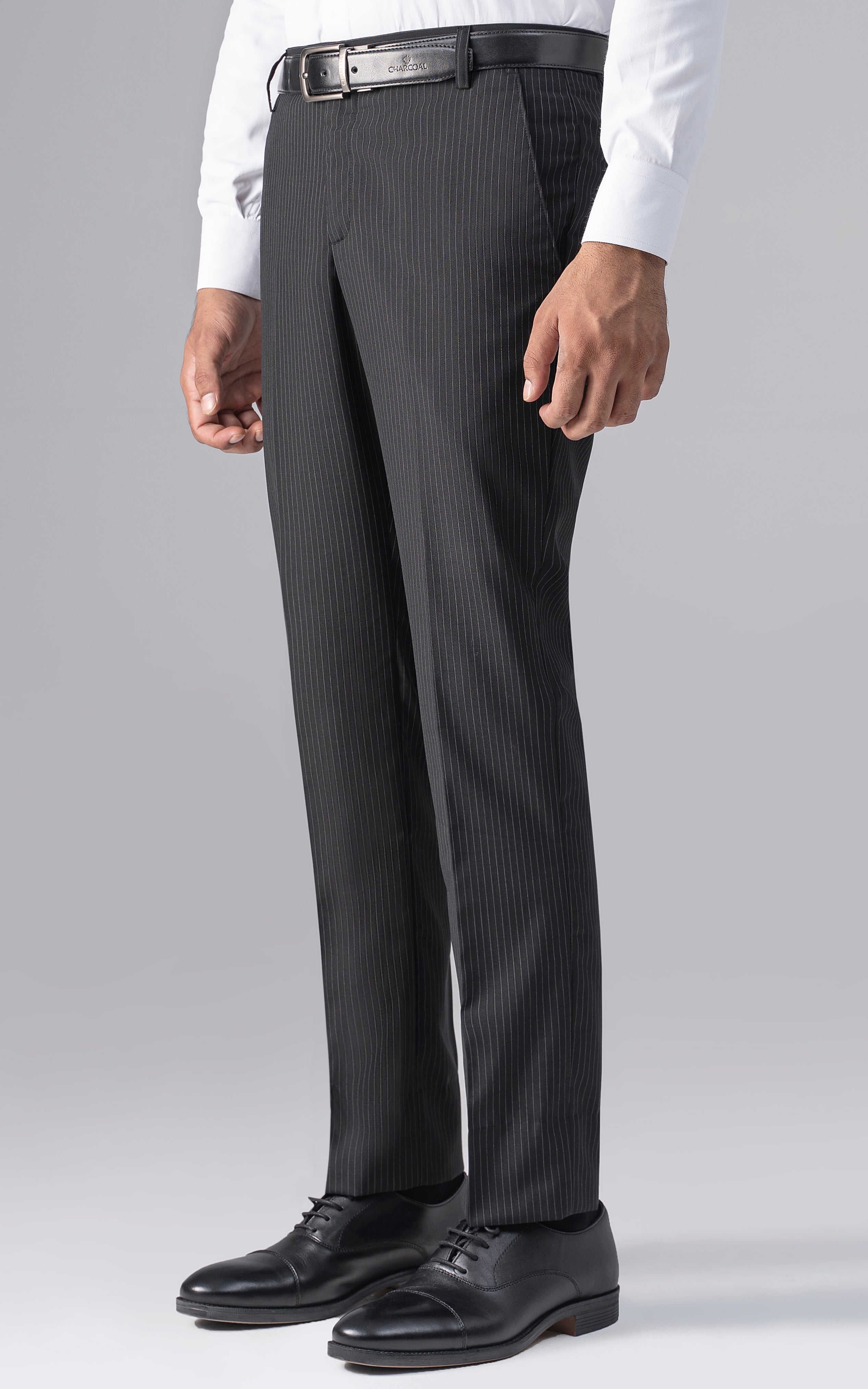 Slim-fit black pinstripe dress pants, straight legs and belt loops