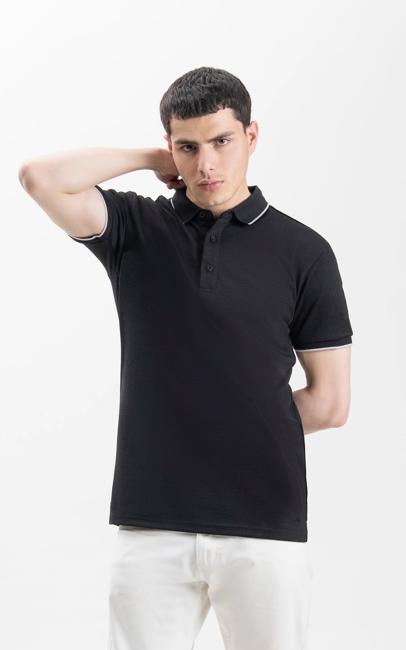 JACQUARD TEXTURED TIPPED POLO SHIRT BLACK
