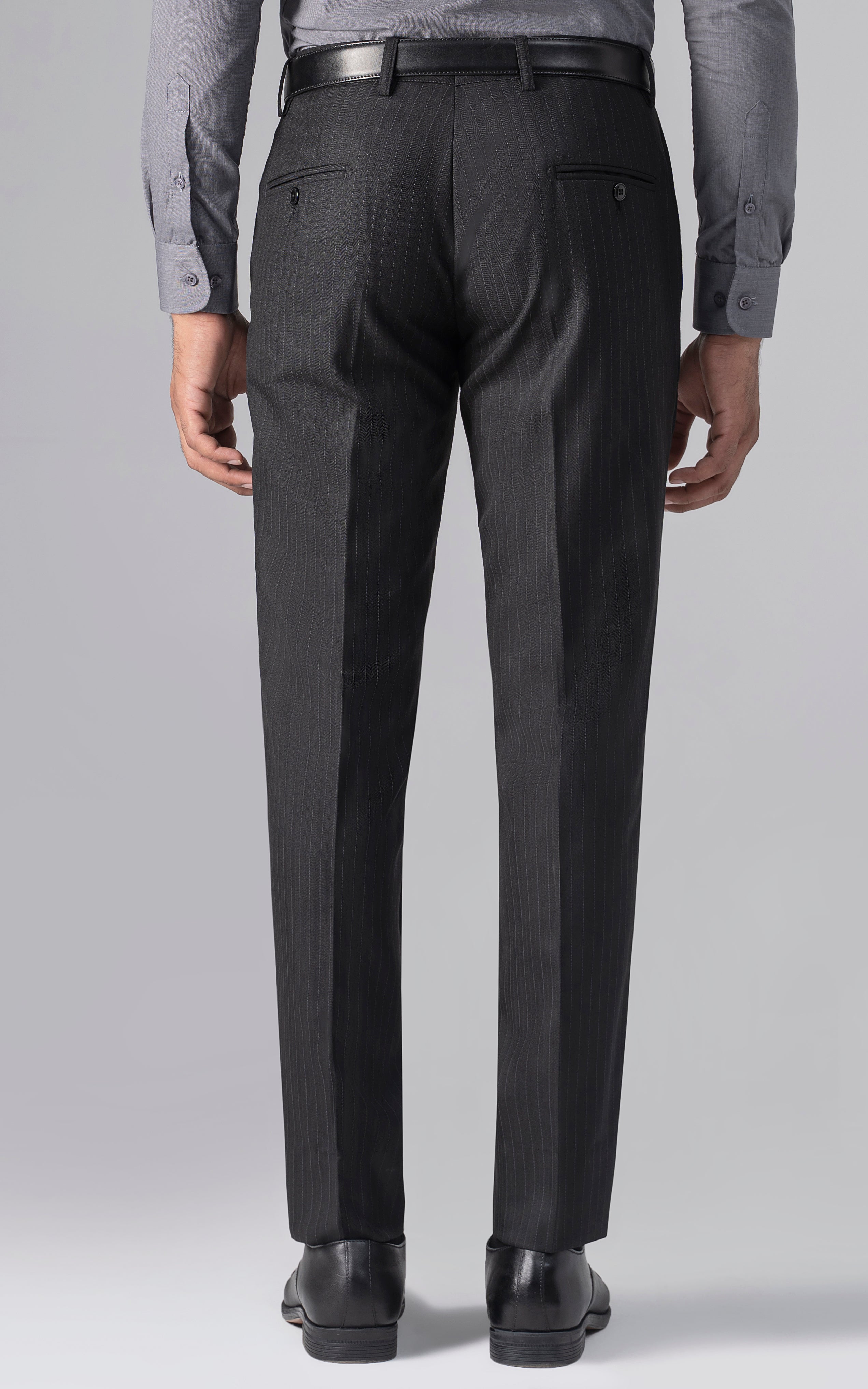 Slim-fit dress pants back view with belt loops and vertical pinstripes, straight leg