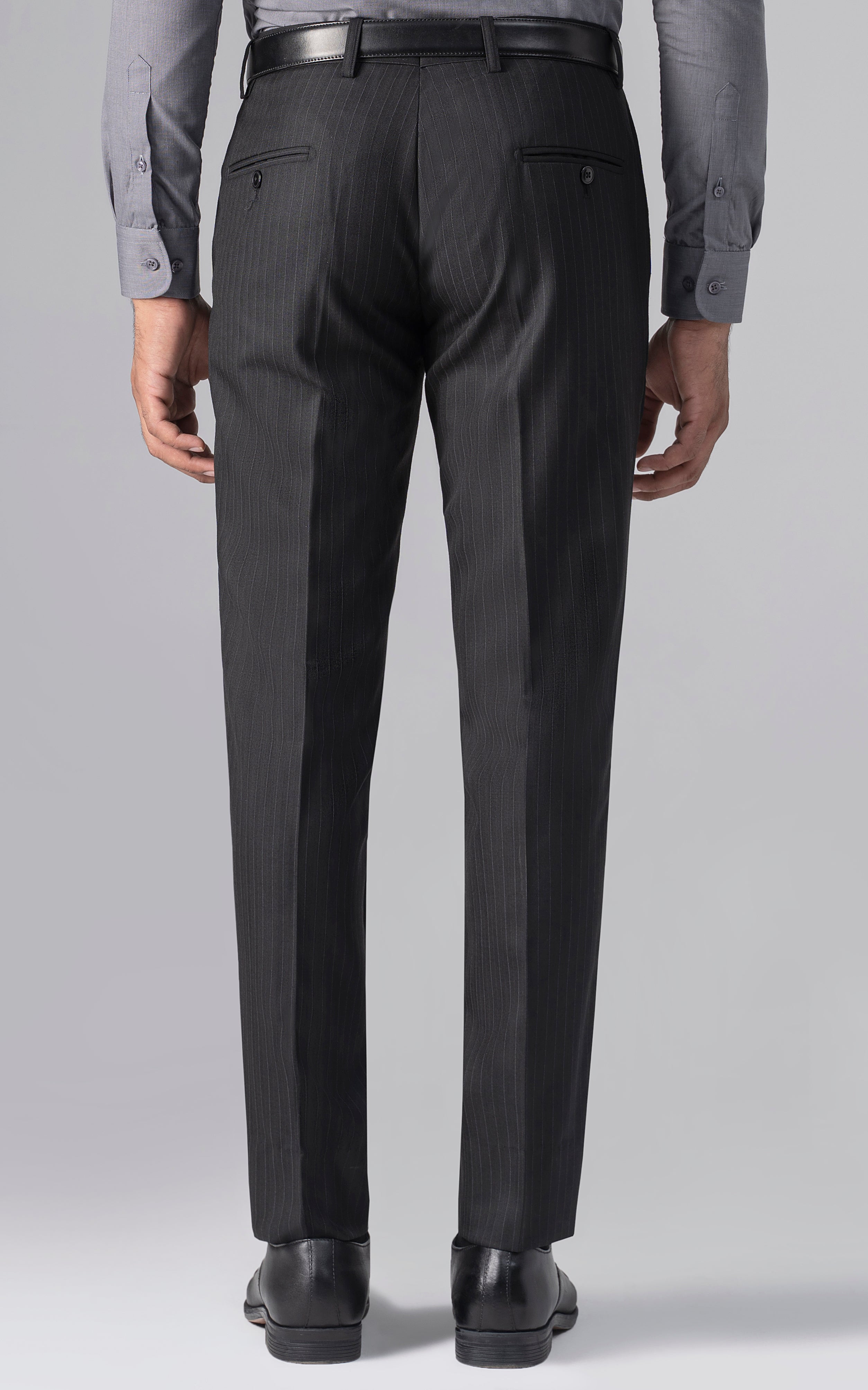 Slim-fit dress pants front view with belt loops and vertical pinstripes, side pockets visible