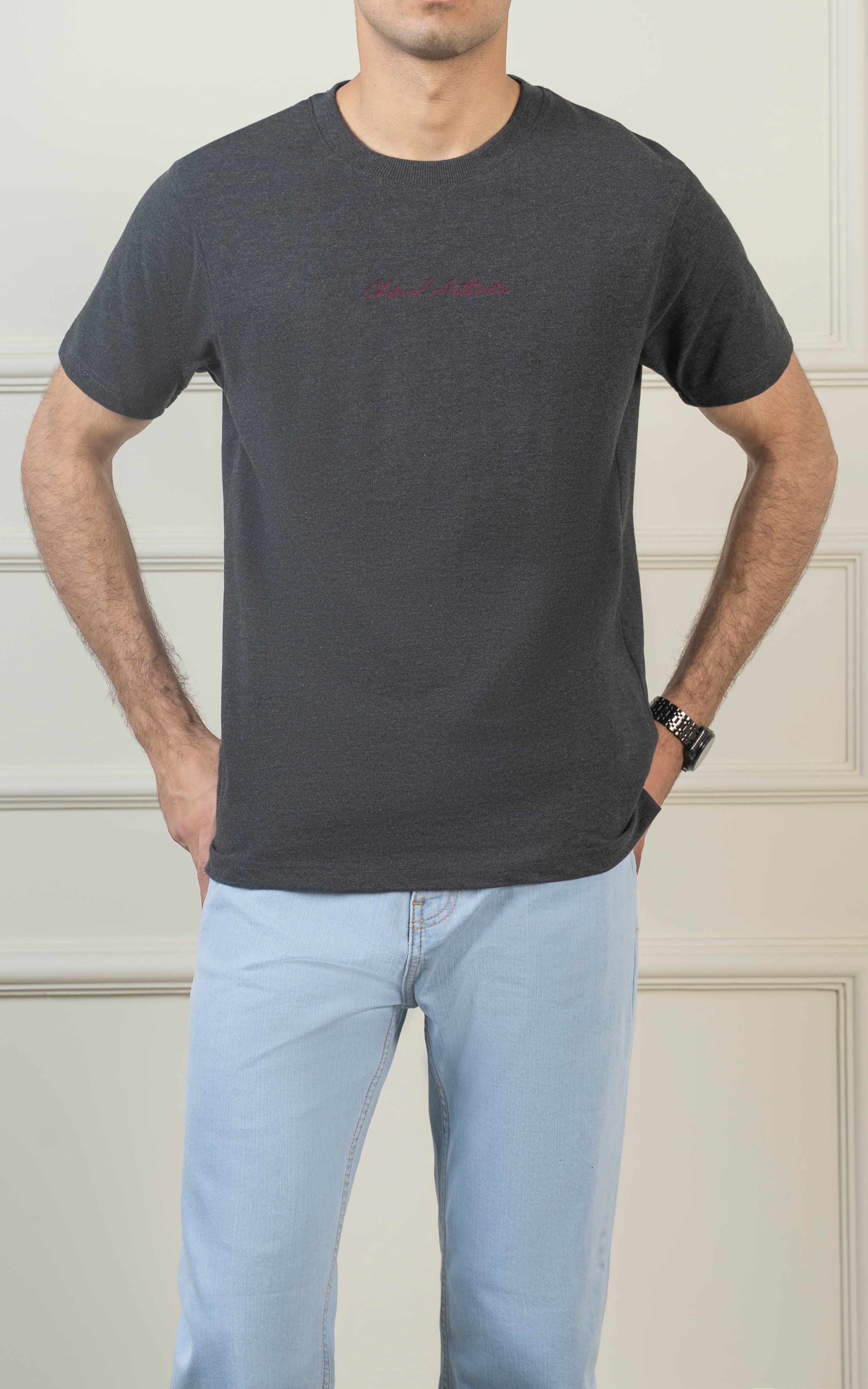 ROUND NECK T SHIRT CHARCOAL GREY