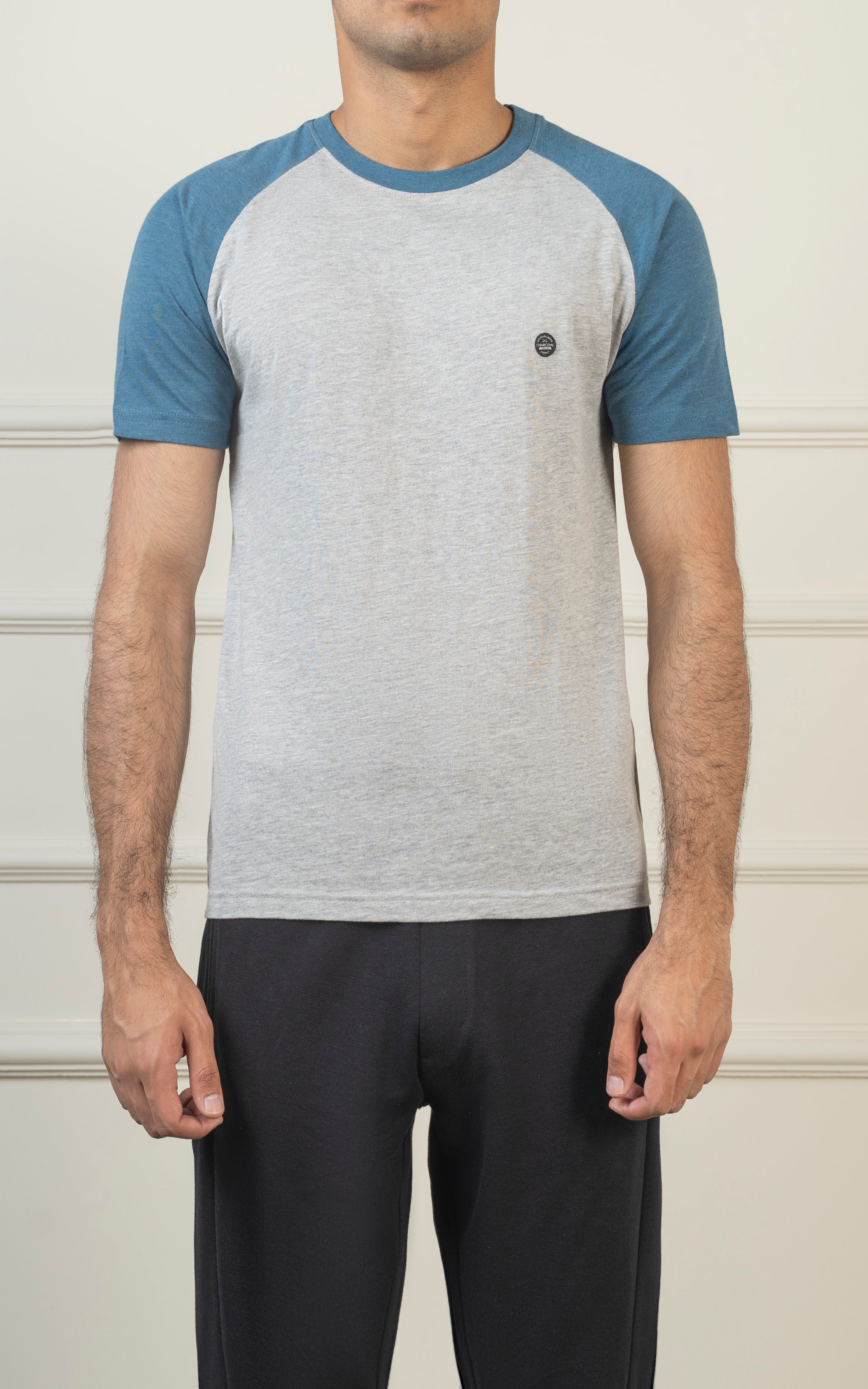 RAGLAN SLEEVE T SHIRT HEATHER GREY TEAL BLUE