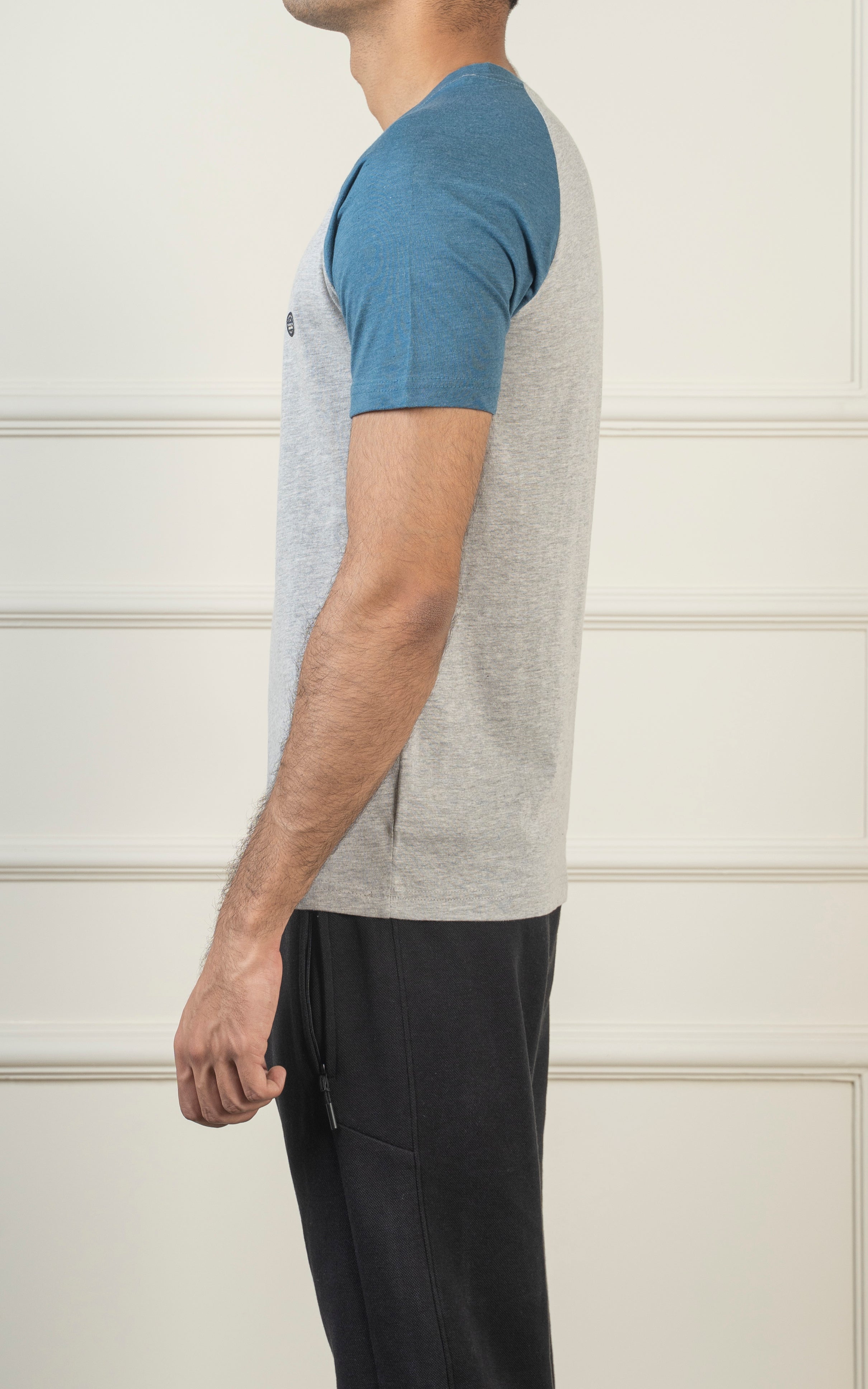 RAGLAN SLEEVE T SHIRT HEATHER GREY TEAL BLUE