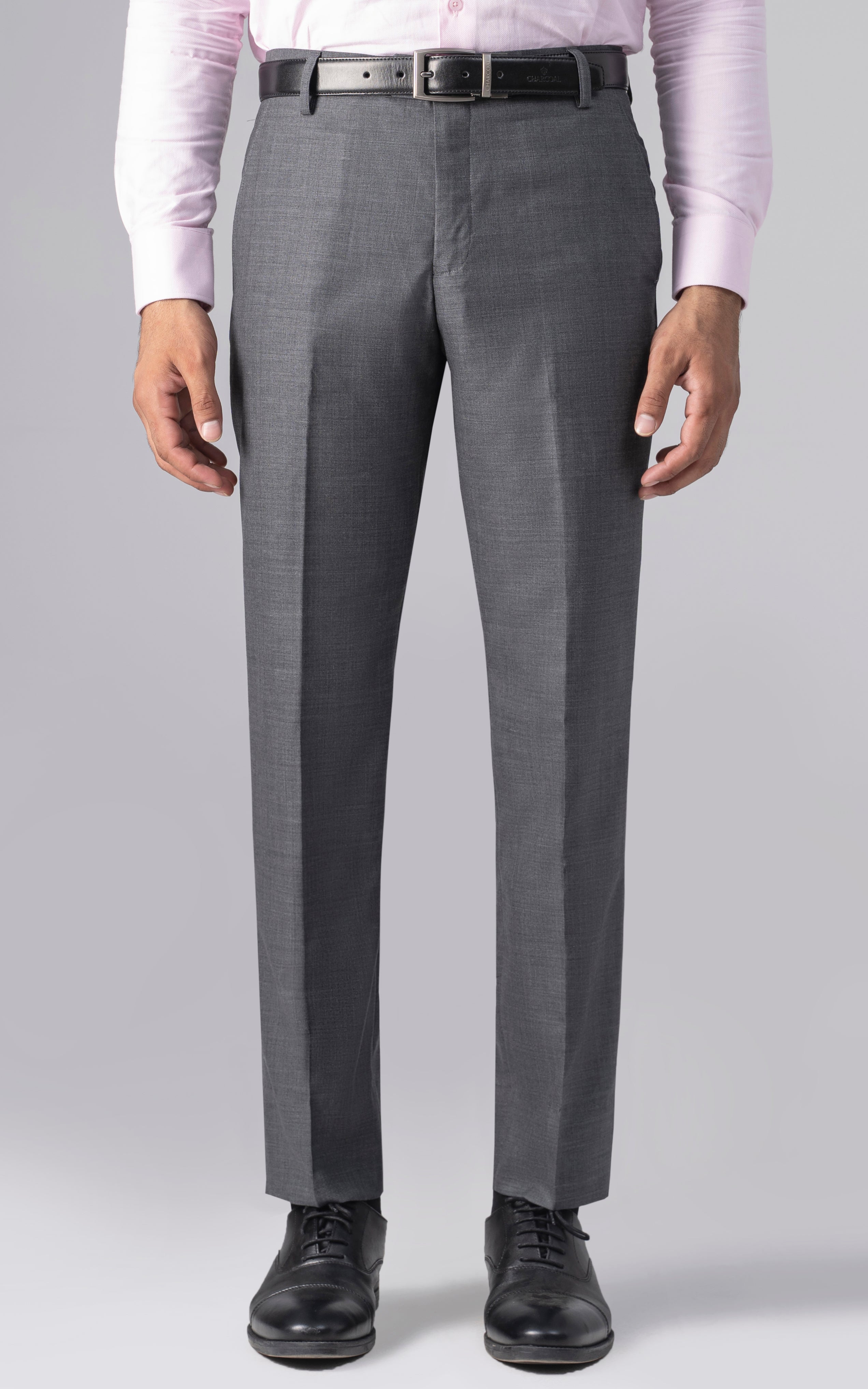 Grey slim-fit dress pants with belt, center crease and side pockets