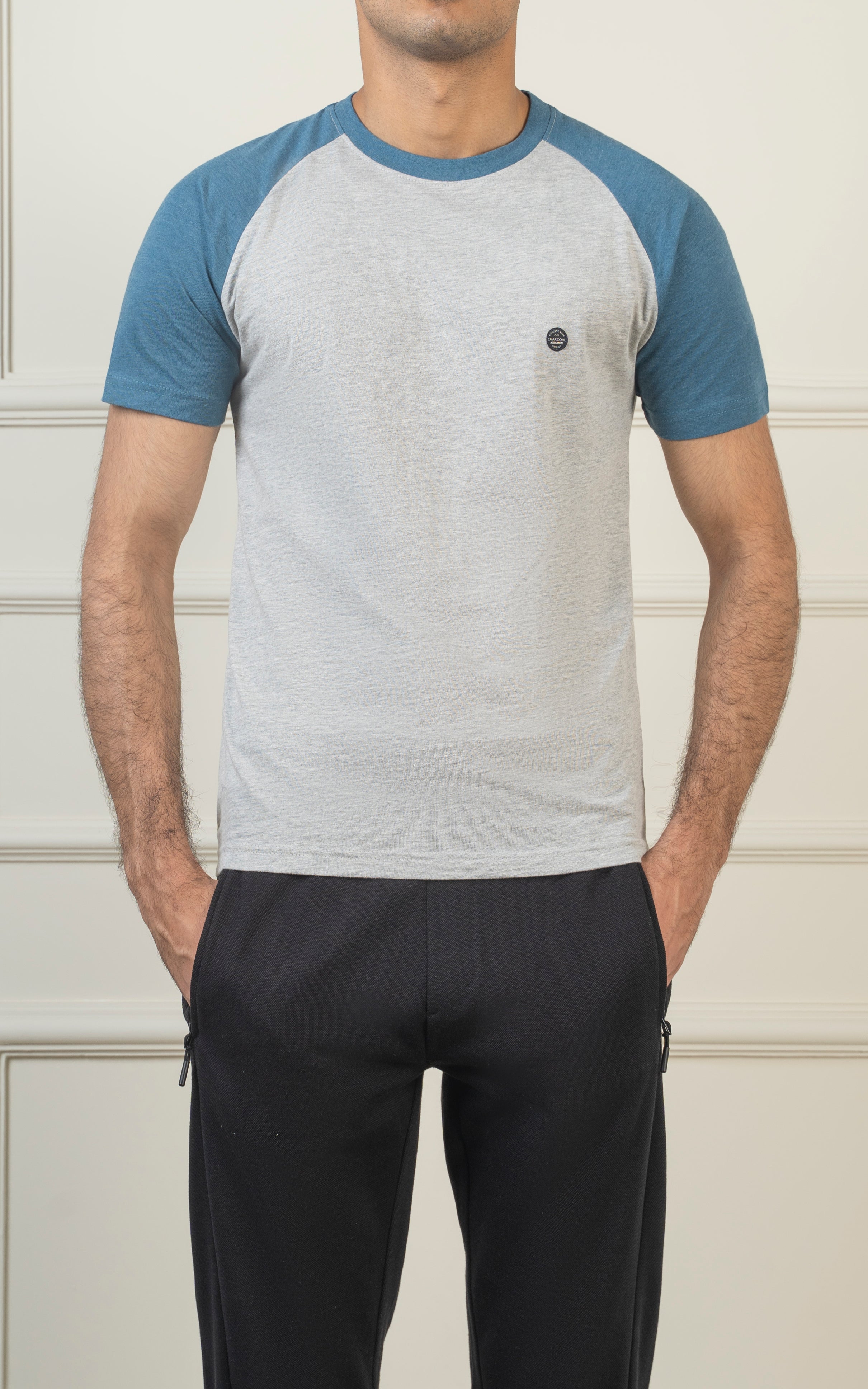 RAGLAN SLEEVE T SHIRT HEATHER GREY TEAL BLUE