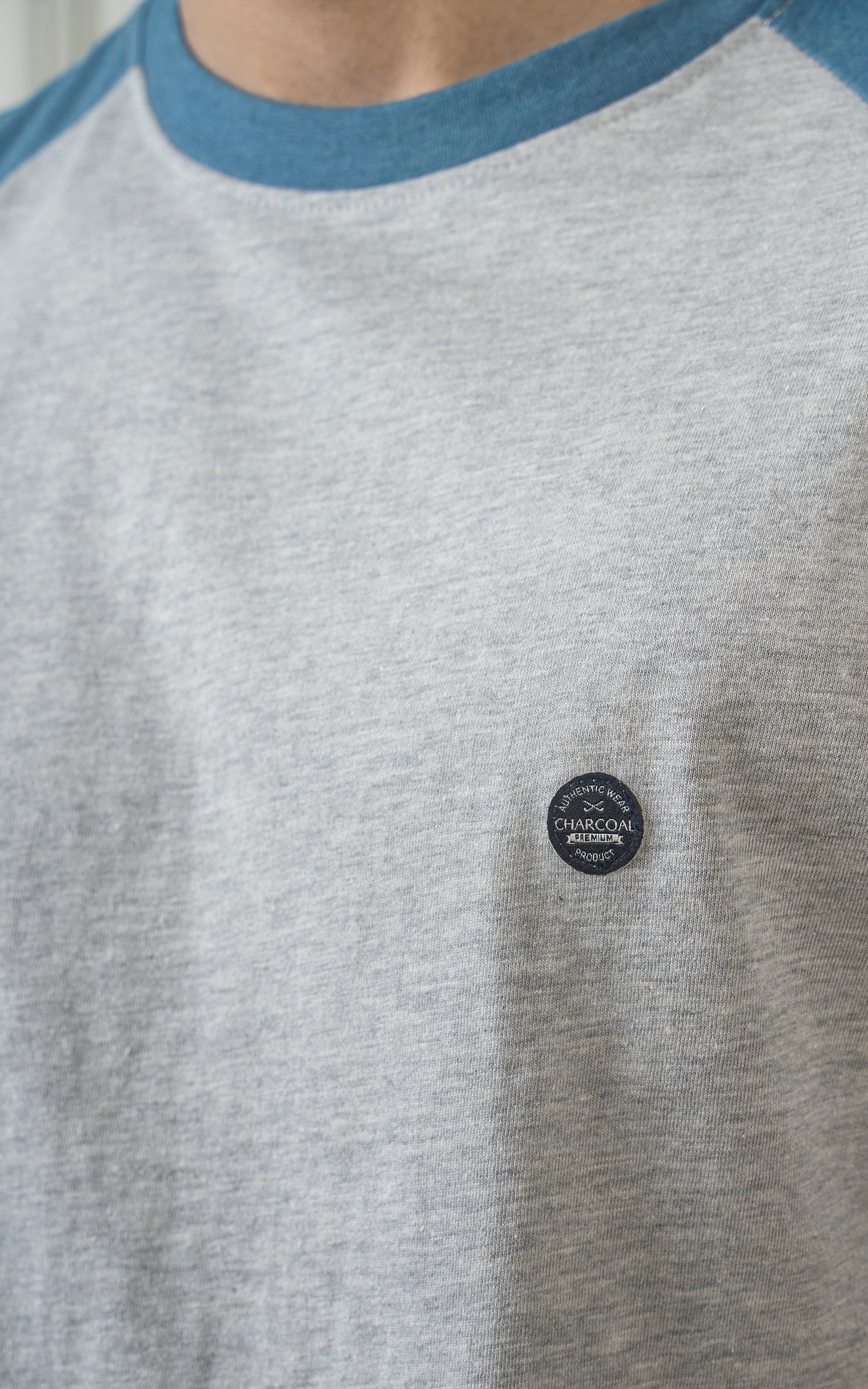 RAGLAN SLEEVE T SHIRT HEATHER GREY TEAL BLUE