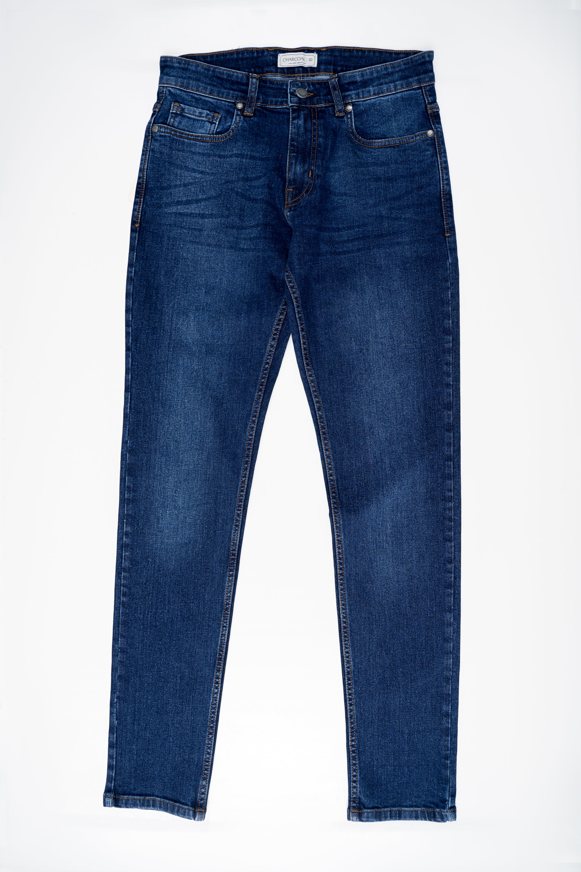Mid blue denim jeans with five pockets, mid-rise and straight legs