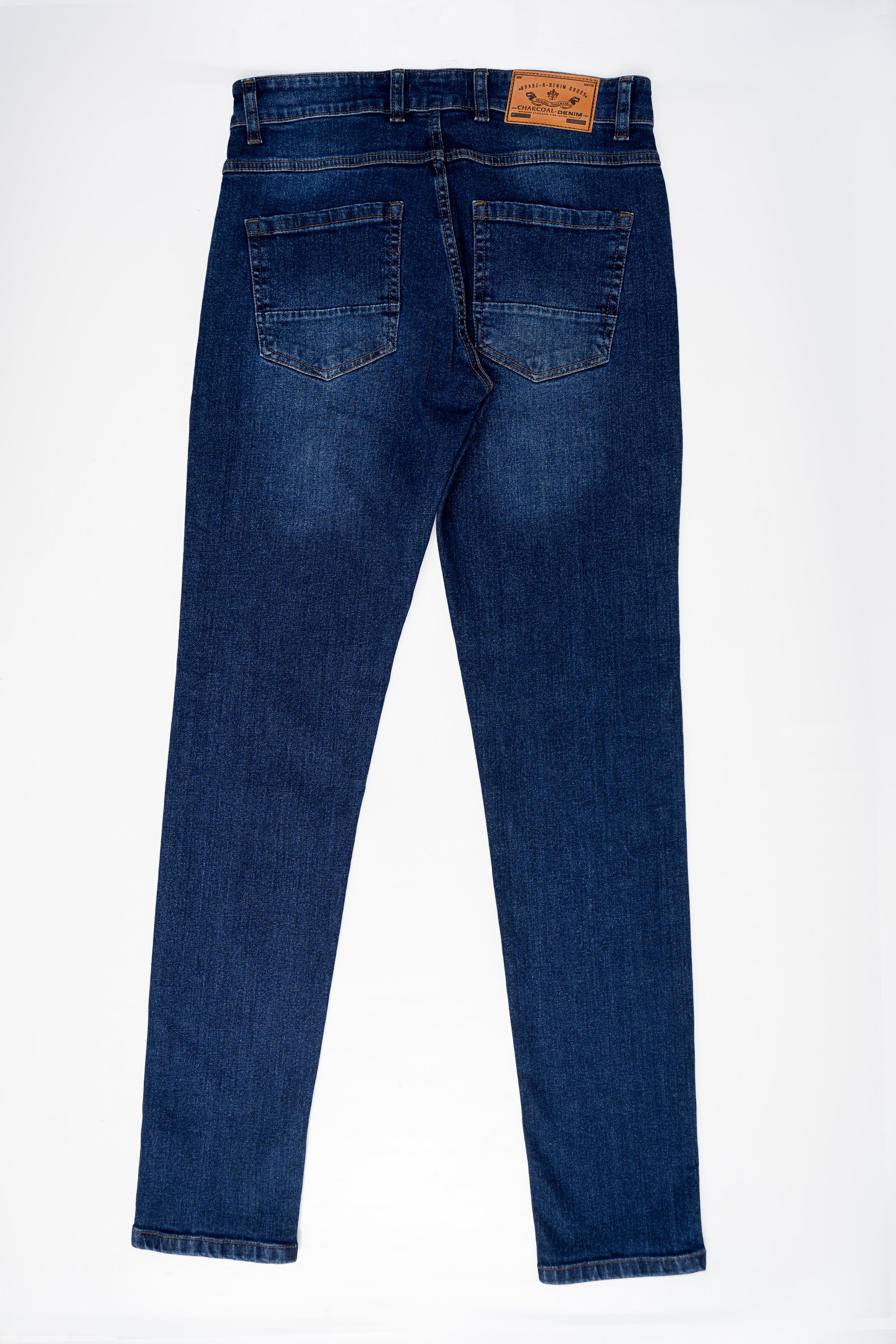 Mid blue denim jeans with two back pockets and belt loops