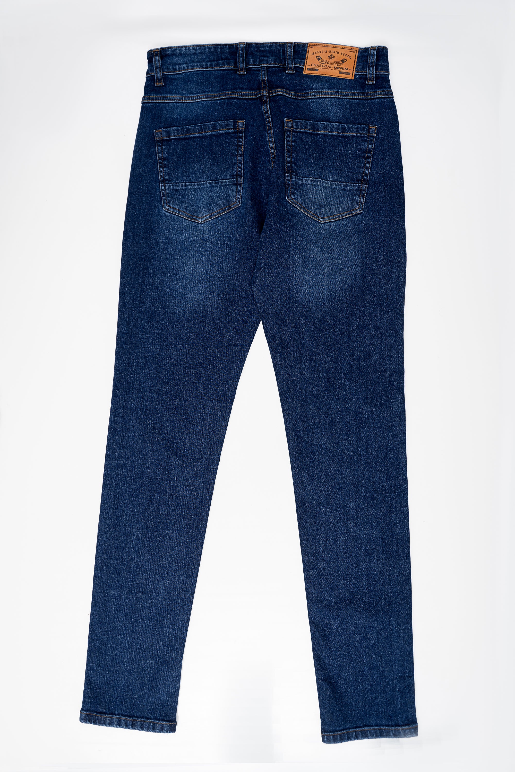 Mid blue denim jeans with straight legs, front pockets, and brand patch at waistband