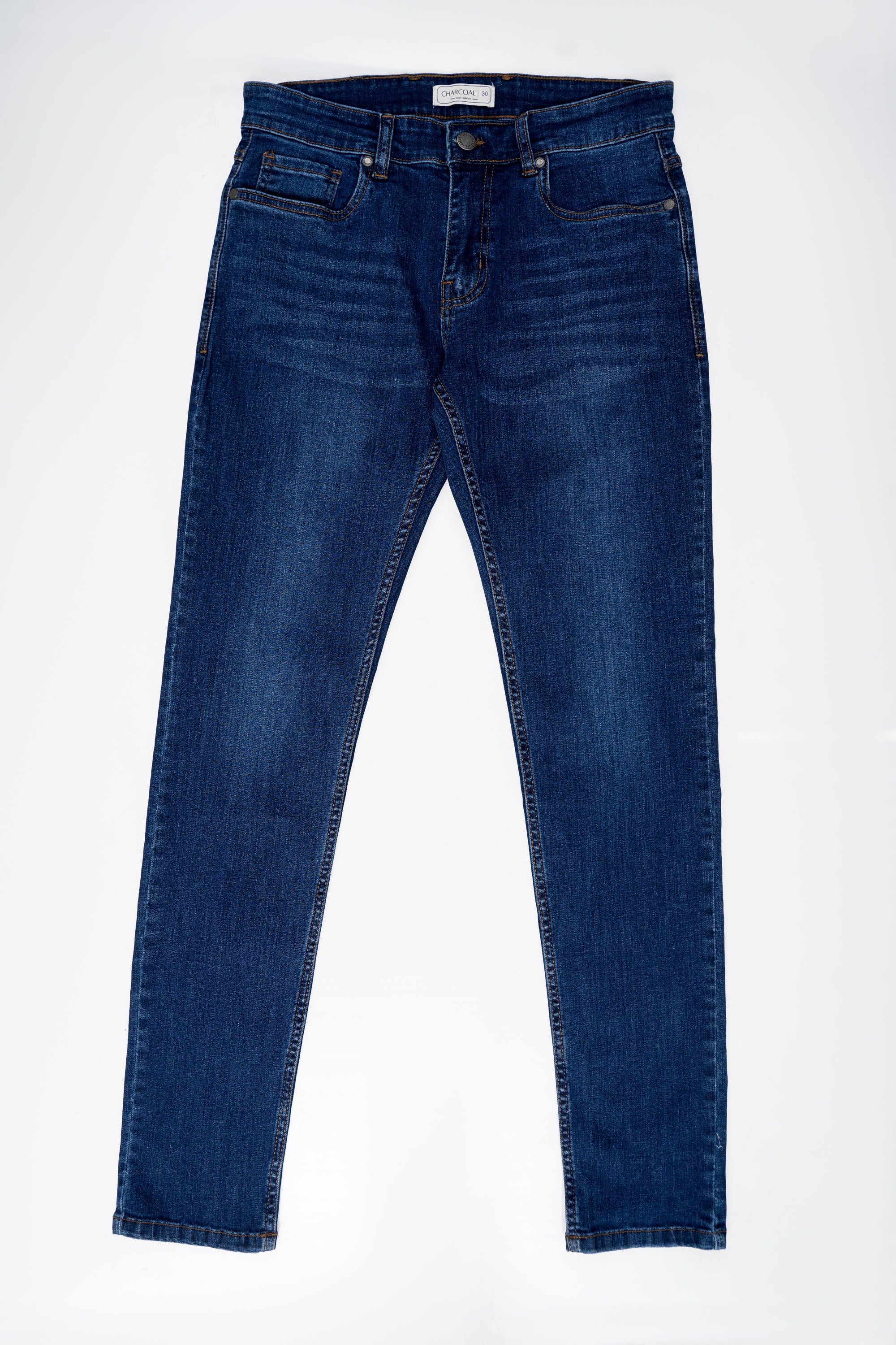 Mid blue denim jeans with five-pocket styling, belt loops, and button closure