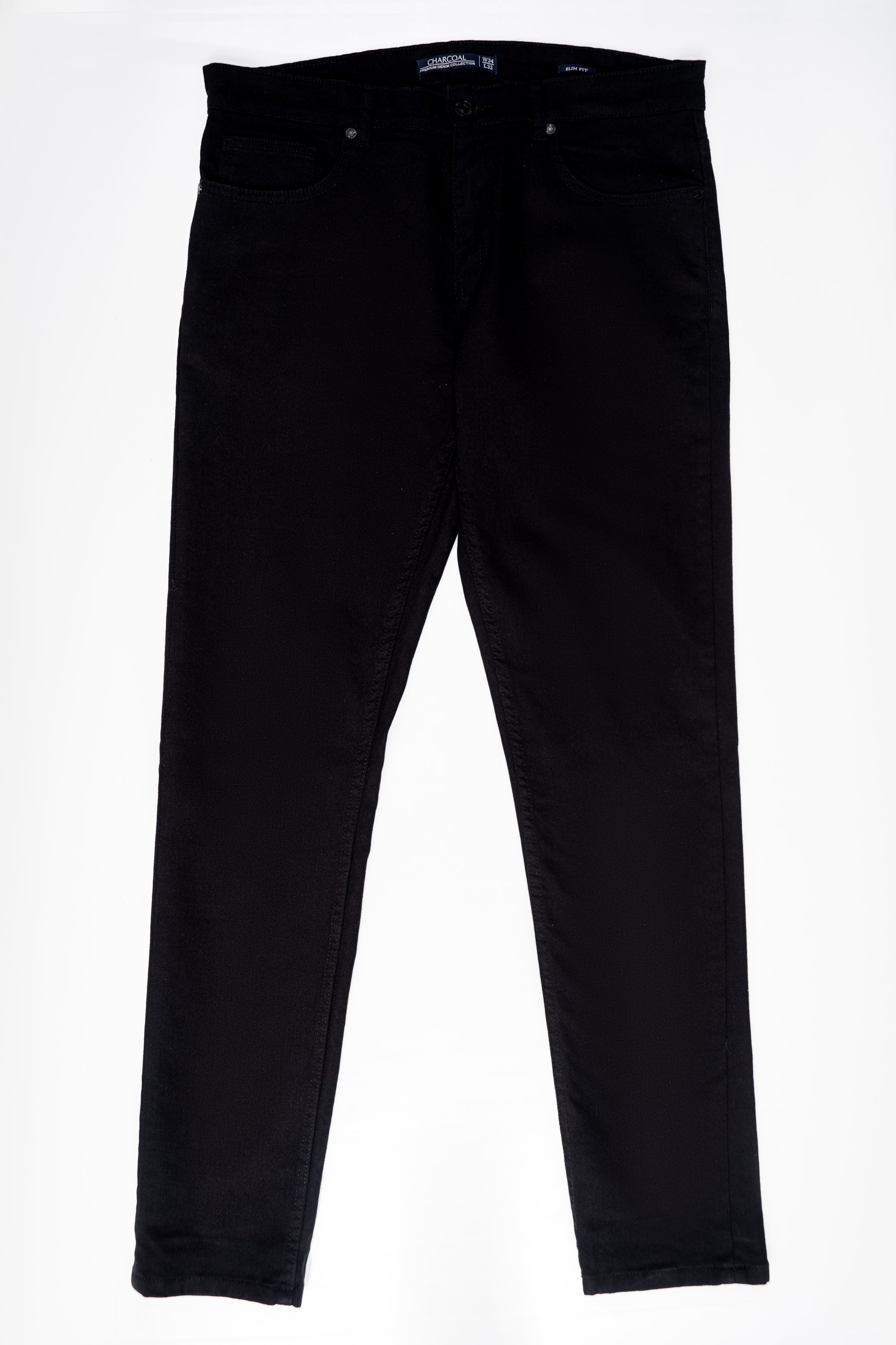 Black straight-leg jeans with five-pocket styling and button front