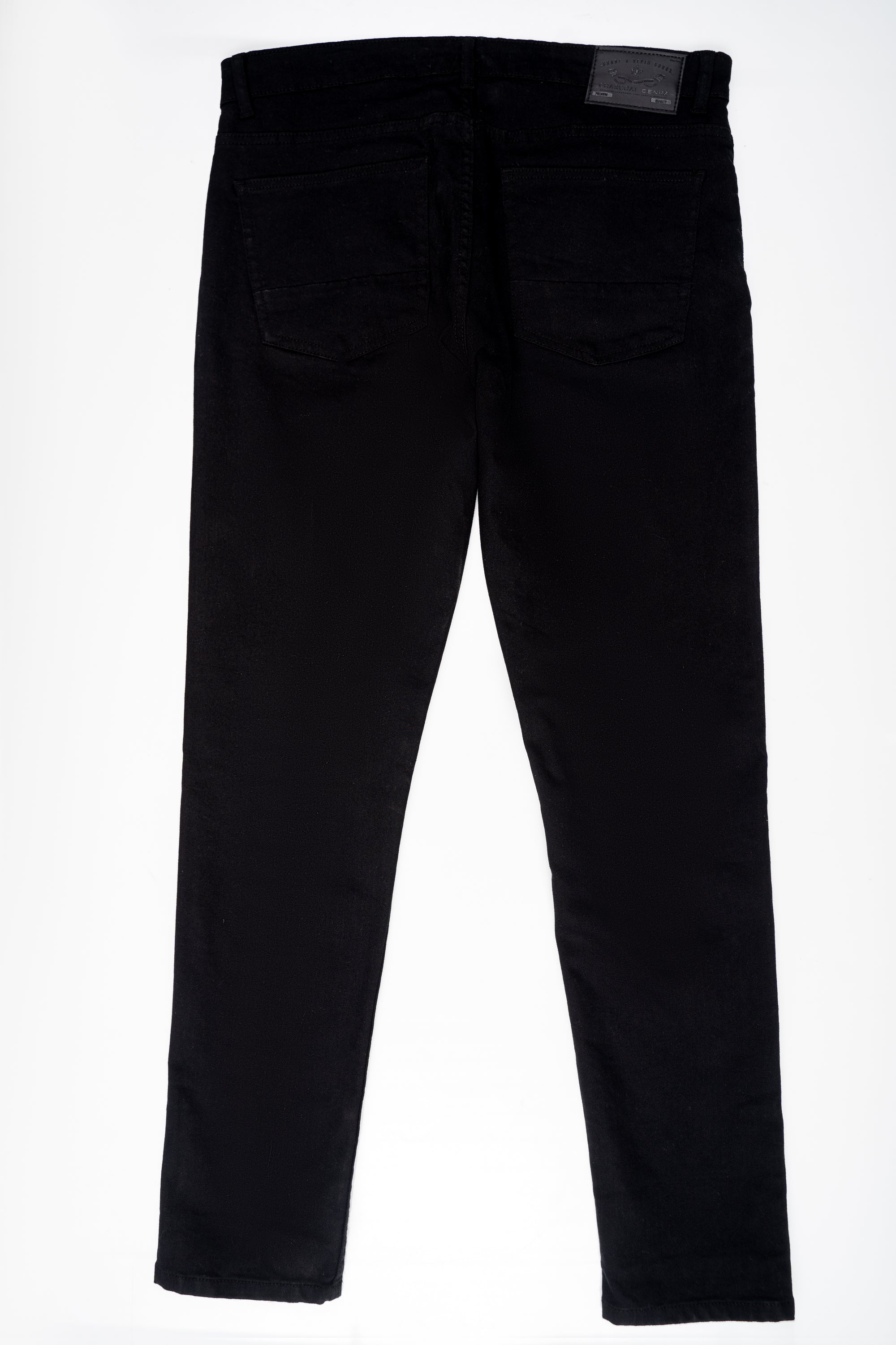 Black jeans with button fly, belt loops, and two front pockets