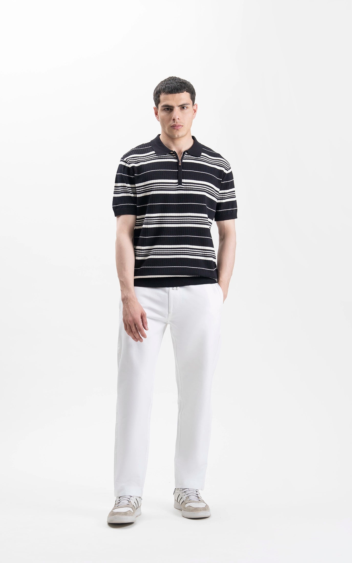 SWEATER KNIT HORIZONTAL STRIPED POLO SHIRT BLACK