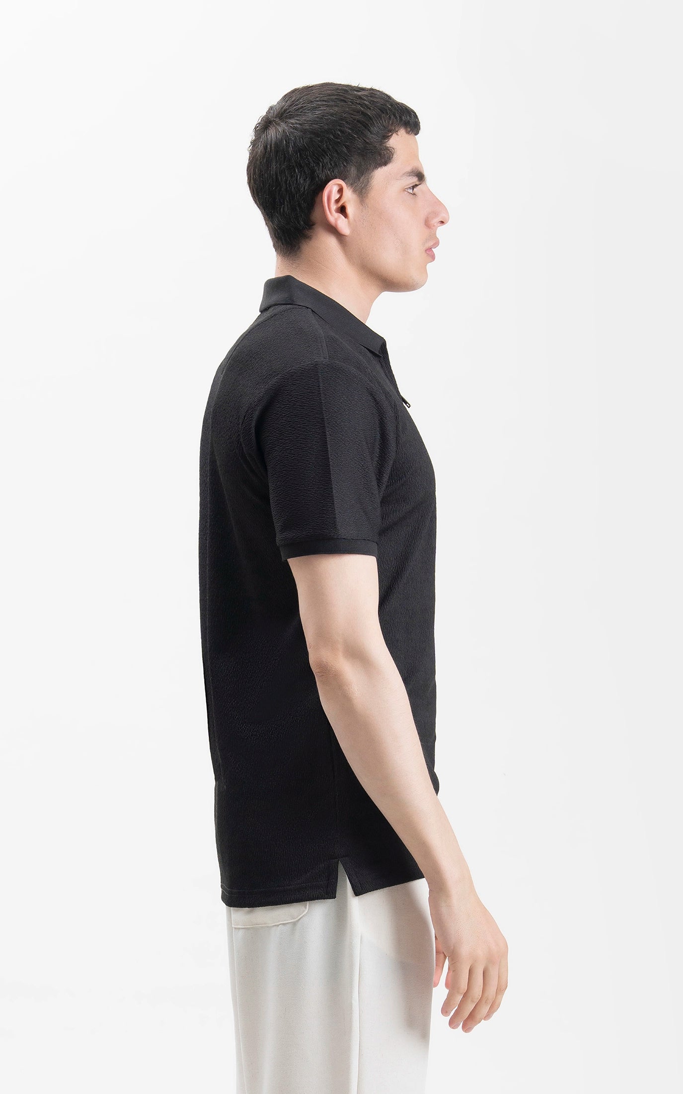 JACQUARD TEXTURED ZIP POLO SHIRT BLACK