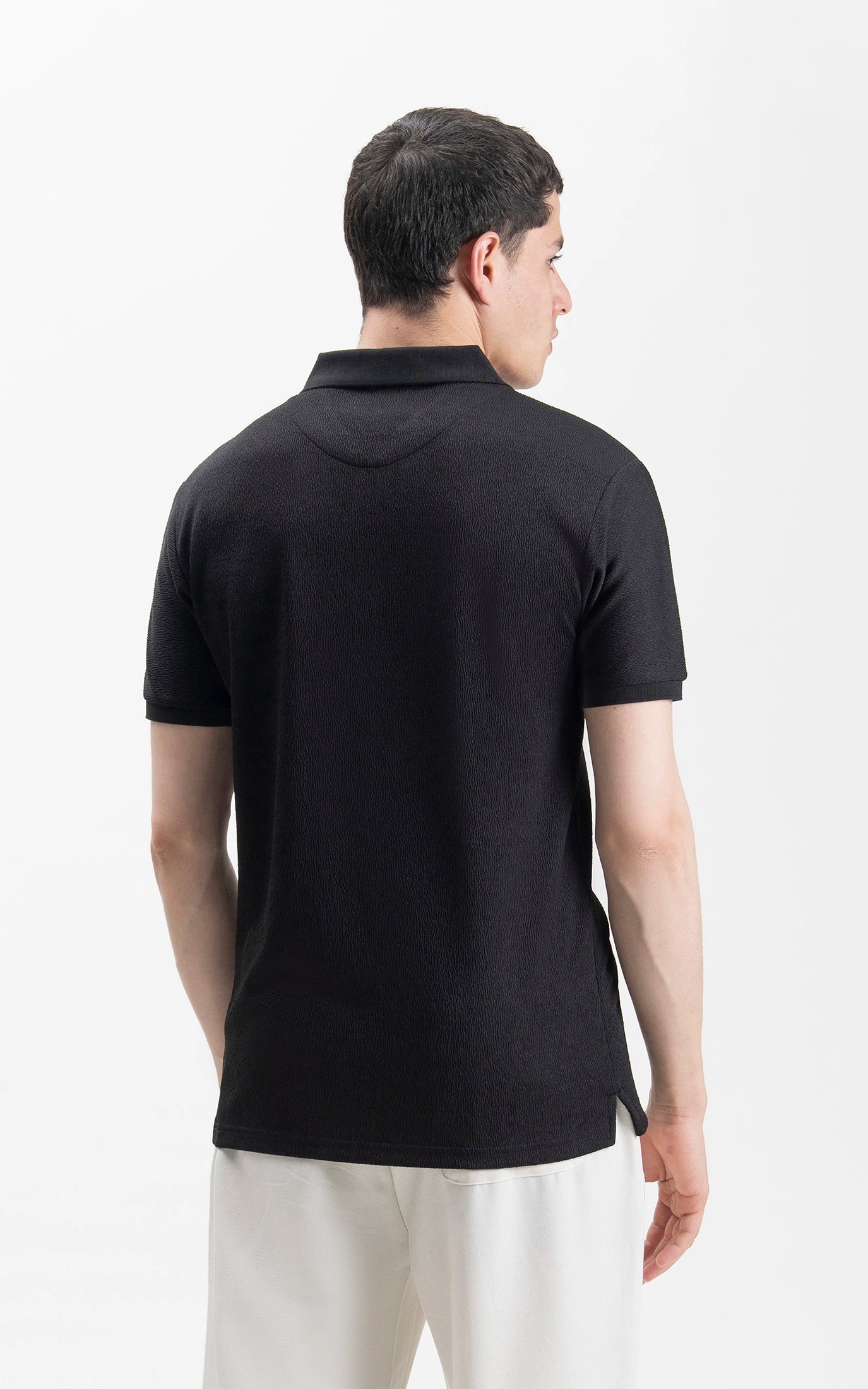 JACQUARD TEXTURED ZIP POLO SHIRT BLACK