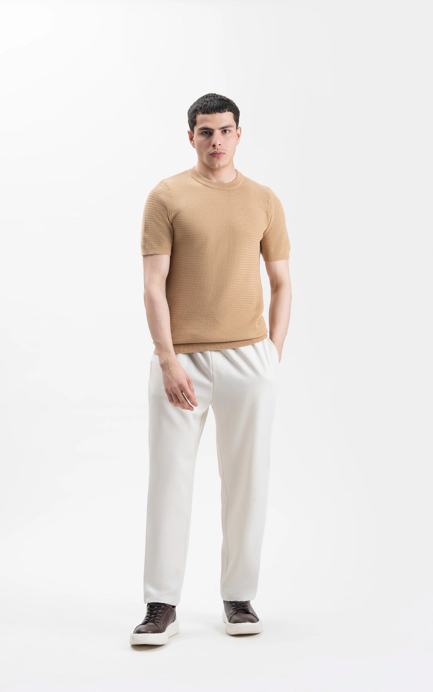 SWEATER KNIT SELF TEXTURED CREW NECK T SHIRT KHAKI