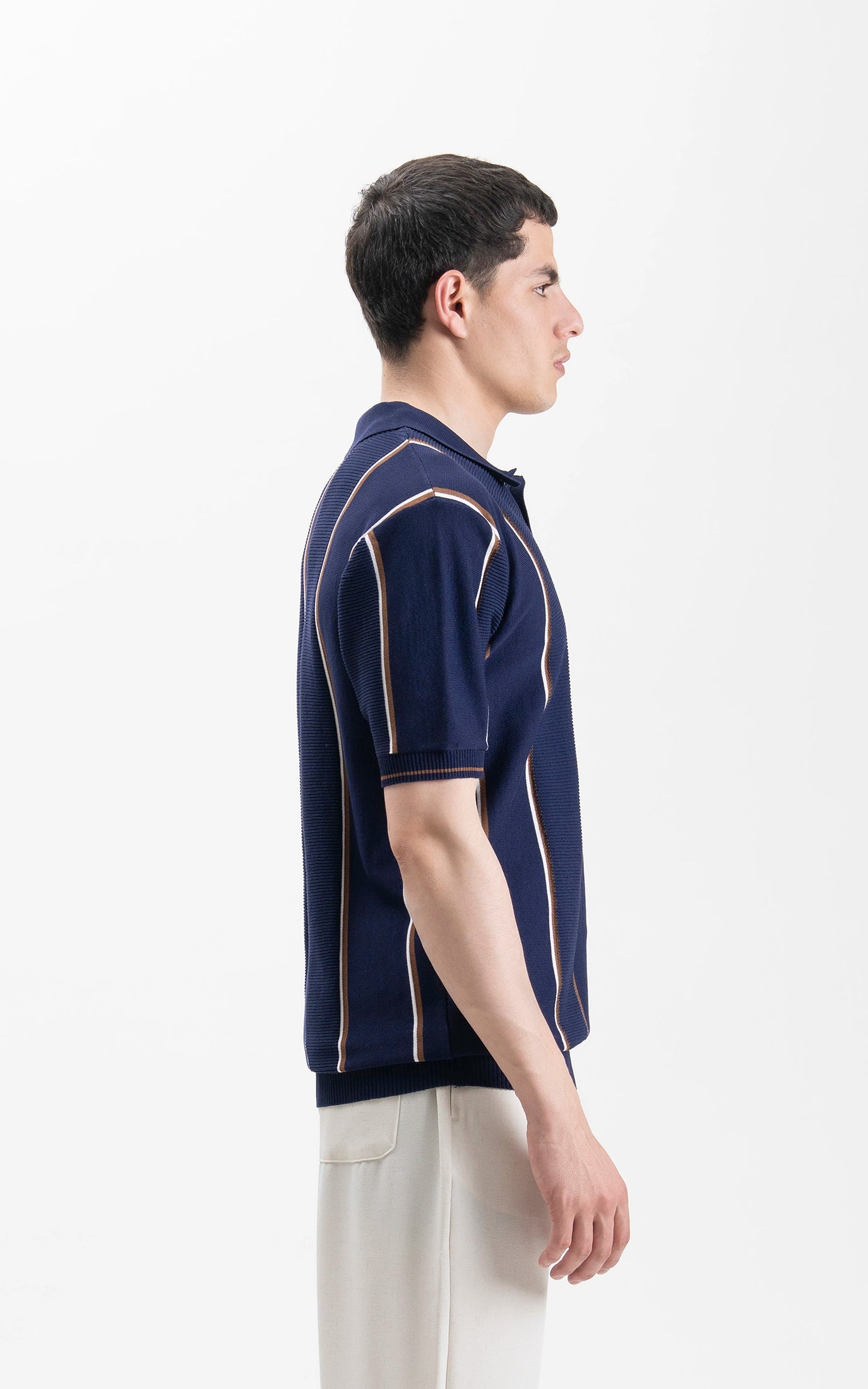 SWEATER KNIT VERTICAL STRIPED POLO SHIRT NAVY