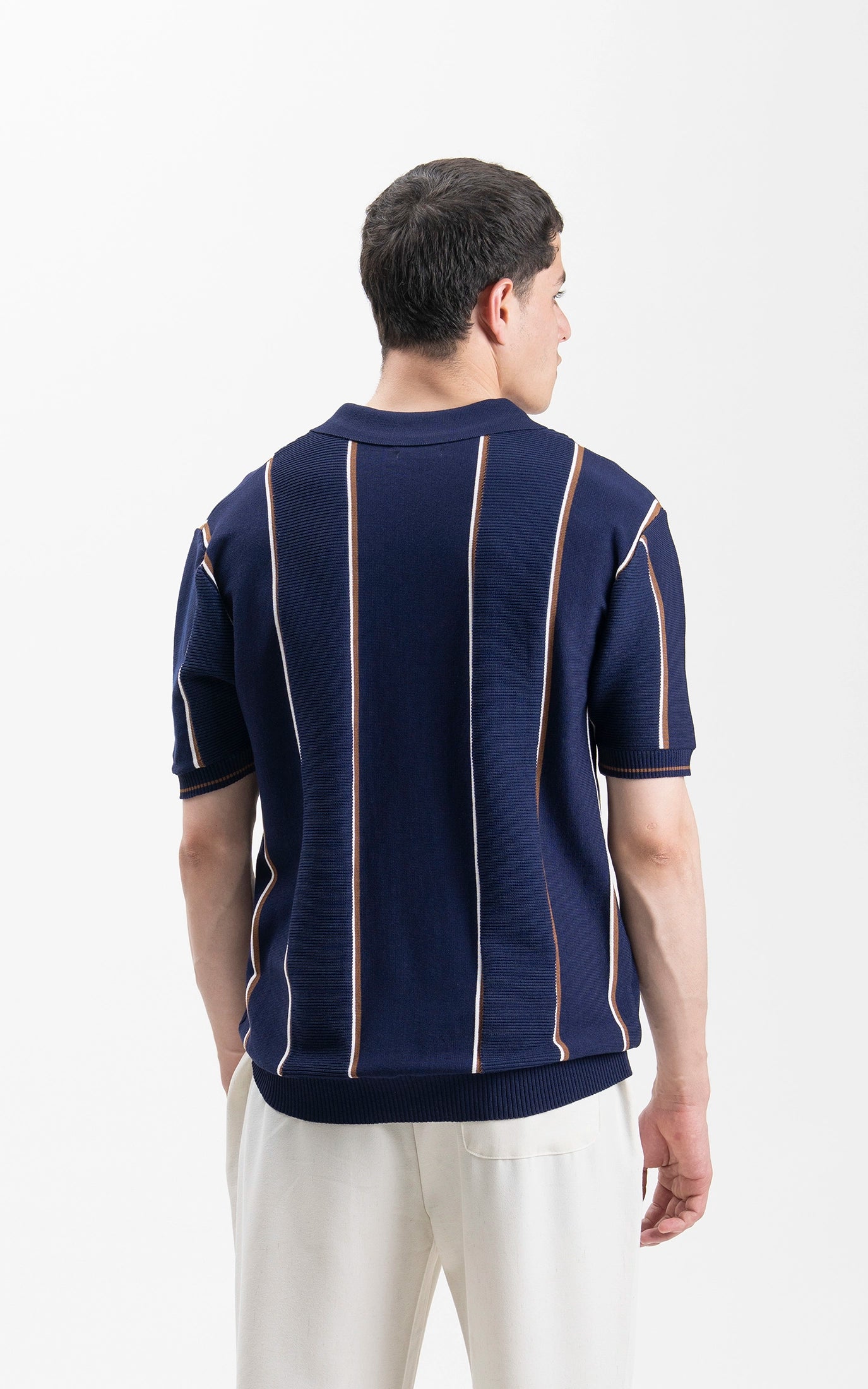 SWEATER KNIT VERTICAL STRIPED POLO SHIRT NAVY