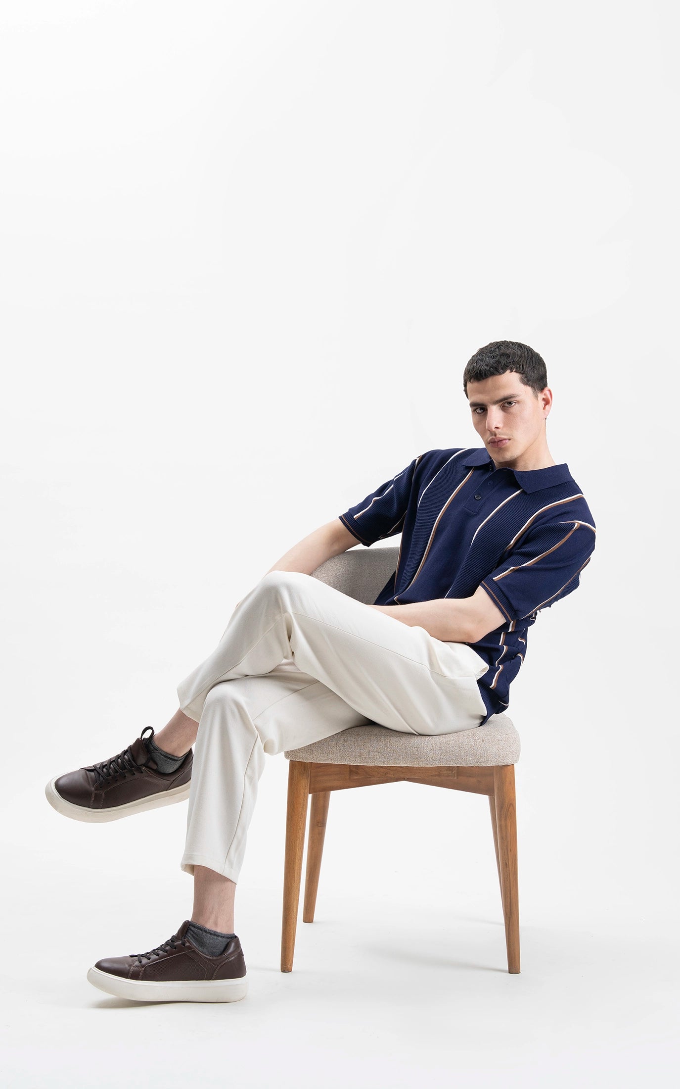 SWEATER KNIT VERTICAL STRIPED POLO SHIRT NAVY