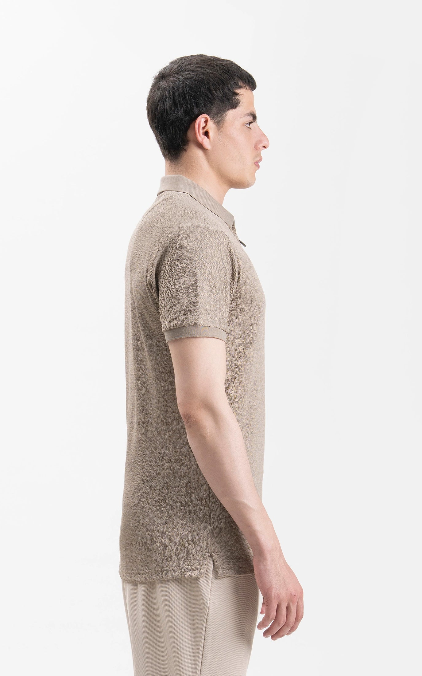 JACQUARD TEXTURED ZIP POLO SHIRT KHAKI