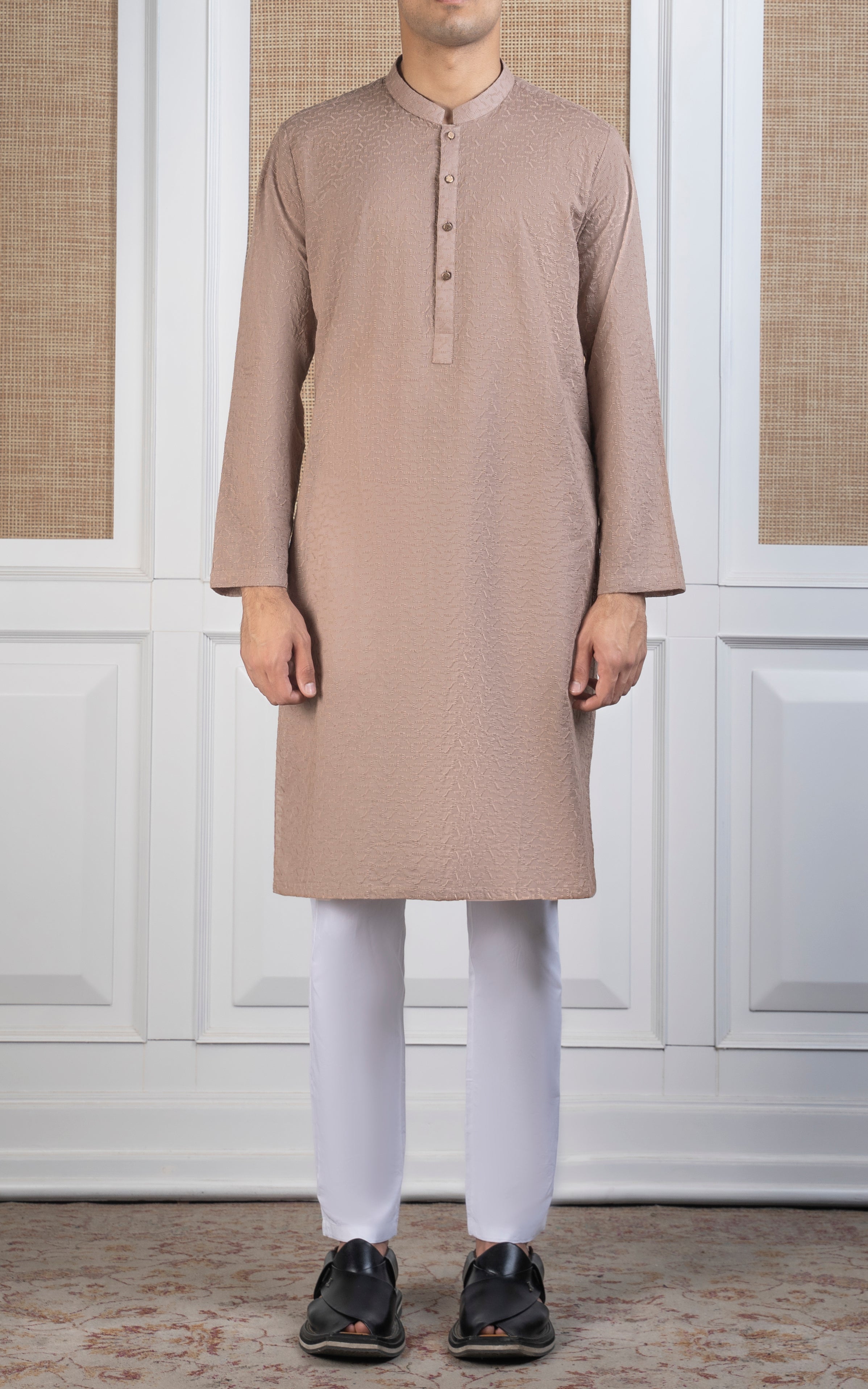 SCHIFFLI EMBROIDERED KURTA - SIGNATURE COLLECTION KHAKI