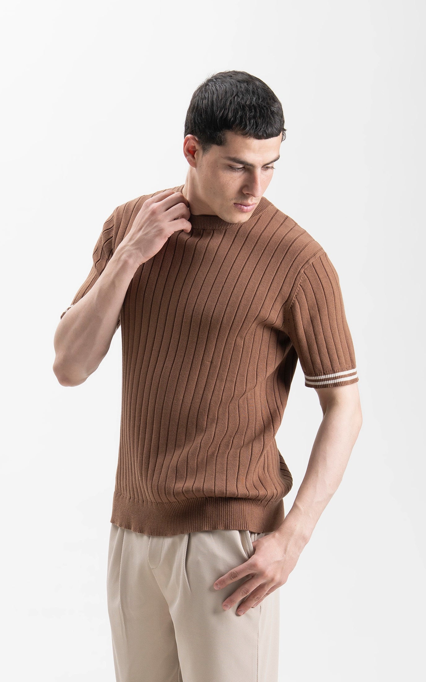 SWEATER KNIT SELF STRIPED CREW NECK T SHIRT BROWN