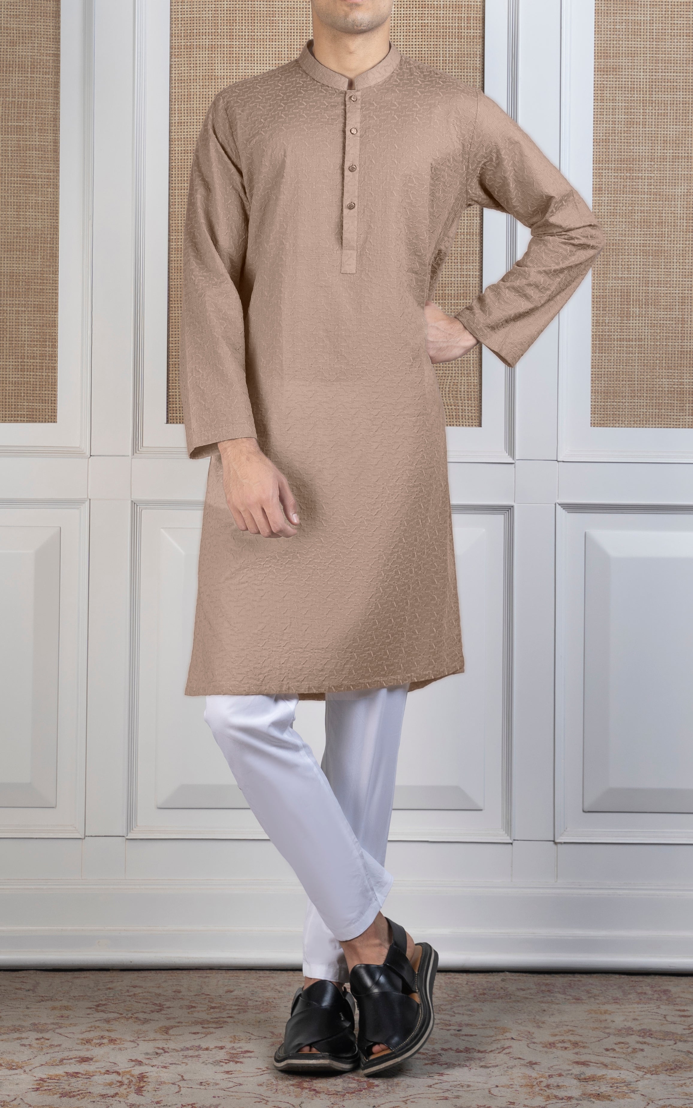SCHIFFLI EMBROIDERED KURTA - SIGNATURE COLLECTION LIGHT KHAKI
