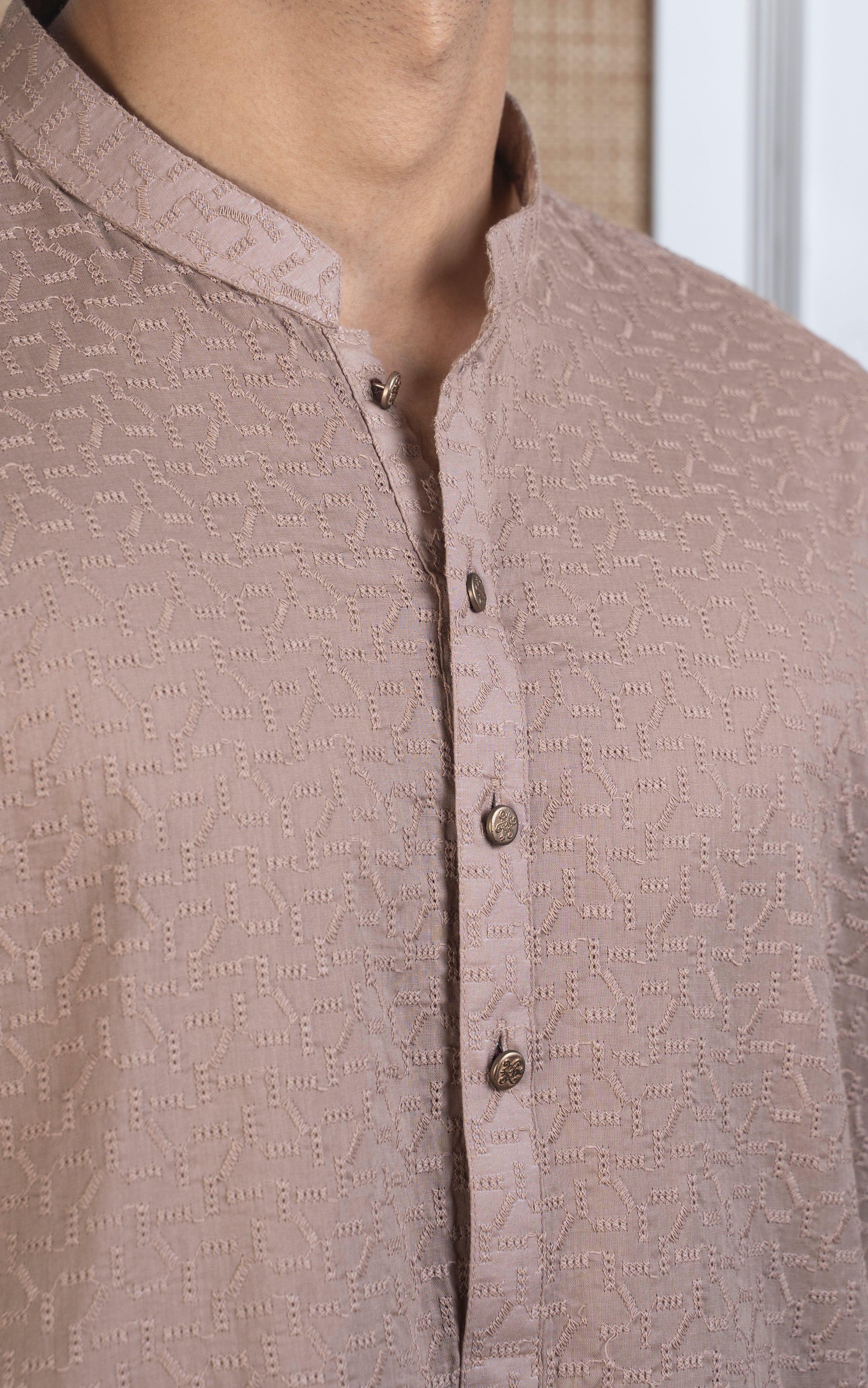 SCHIFFLI EMBROIDERED KURTA - SIGNATURE COLLECTION KHAKI