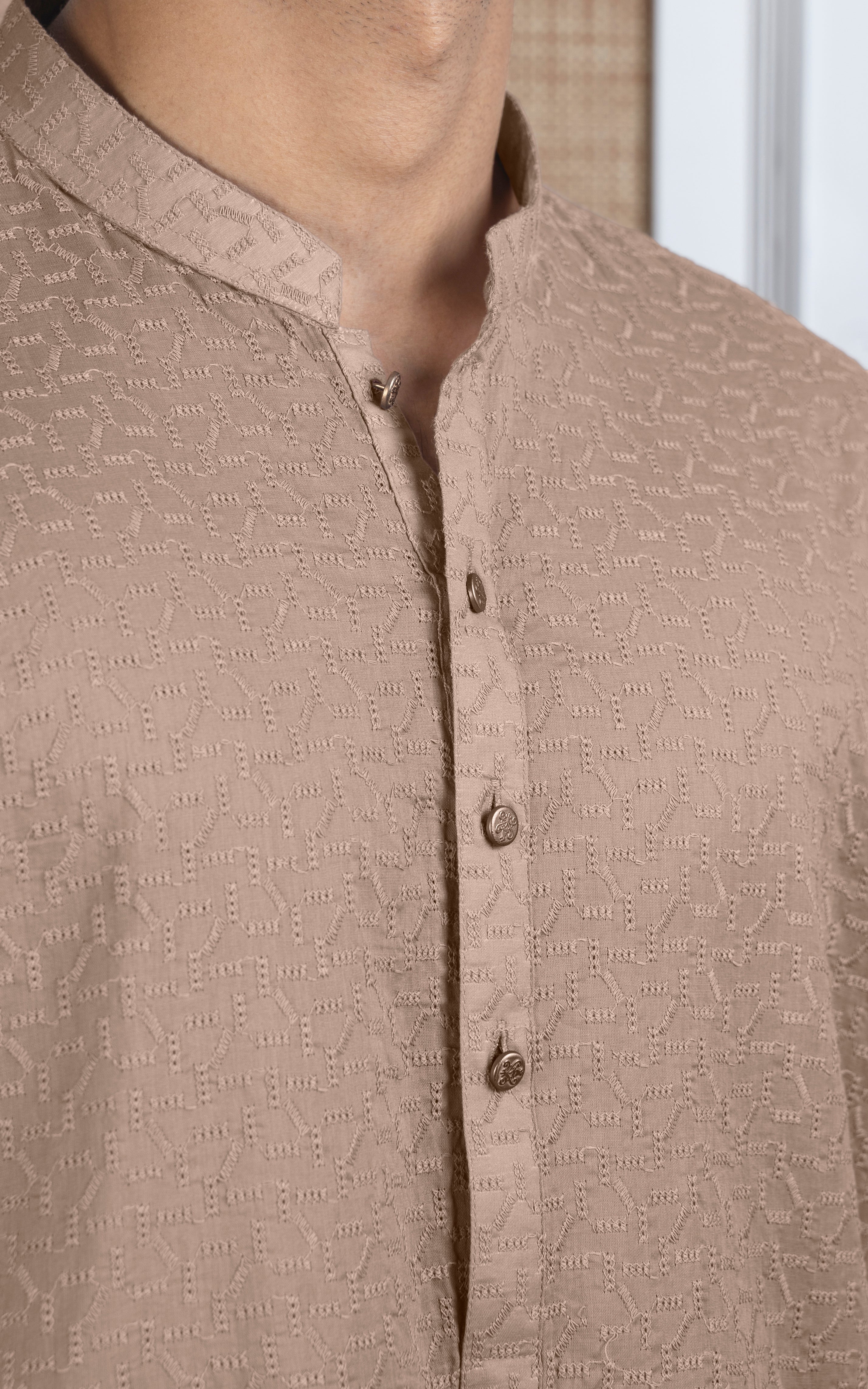 SCHIFFLI EMBROIDERED KURTA - SIGNATURE COLLECTION LIGHT KHAKI
