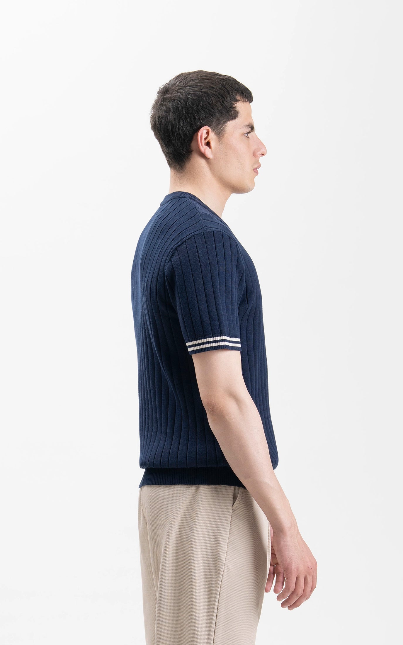 SWEATER KNIT SELF STRIPED CREW NECK T SHIRT NAVY