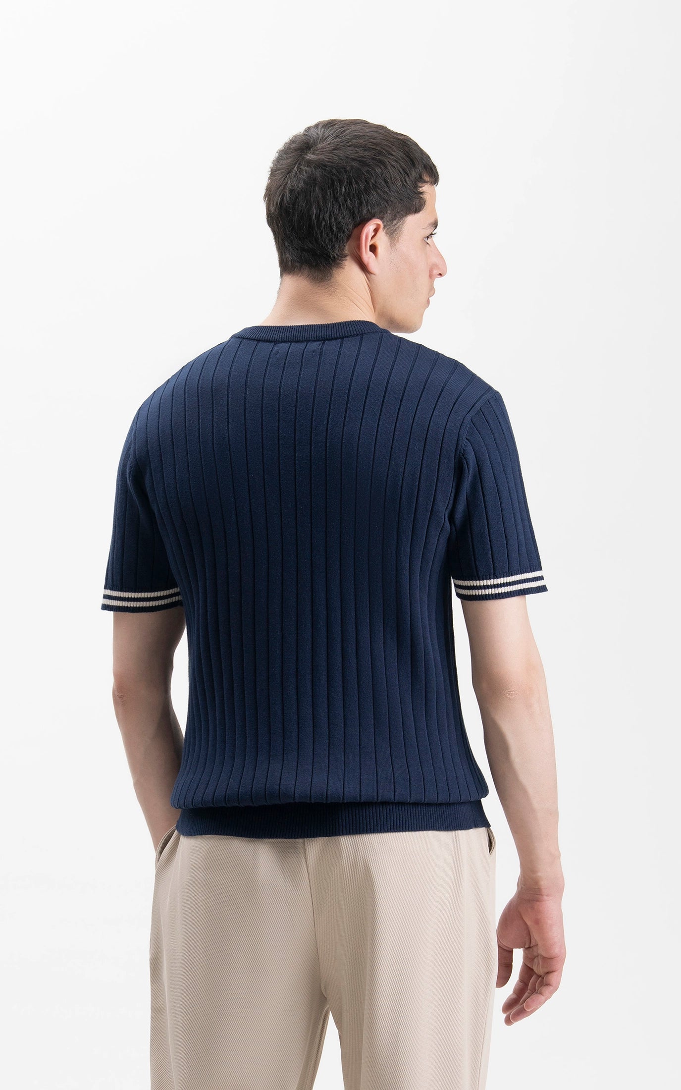 SWEATER KNIT SELF STRIPED CREW NECK T SHIRT NAVY