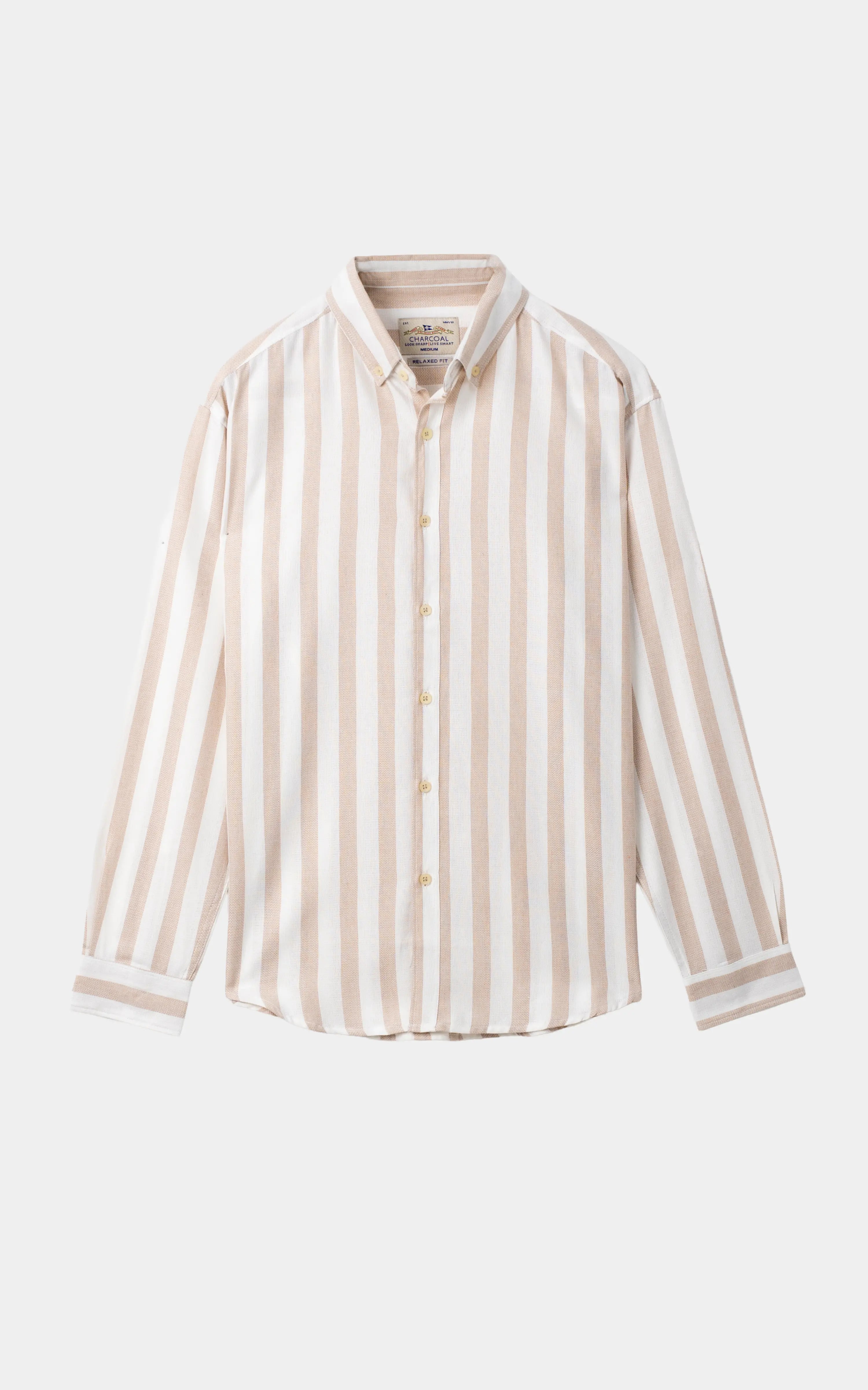 YARN DYED STRIPED CASUAL SHIRT WHITE BEIGE STRIPE