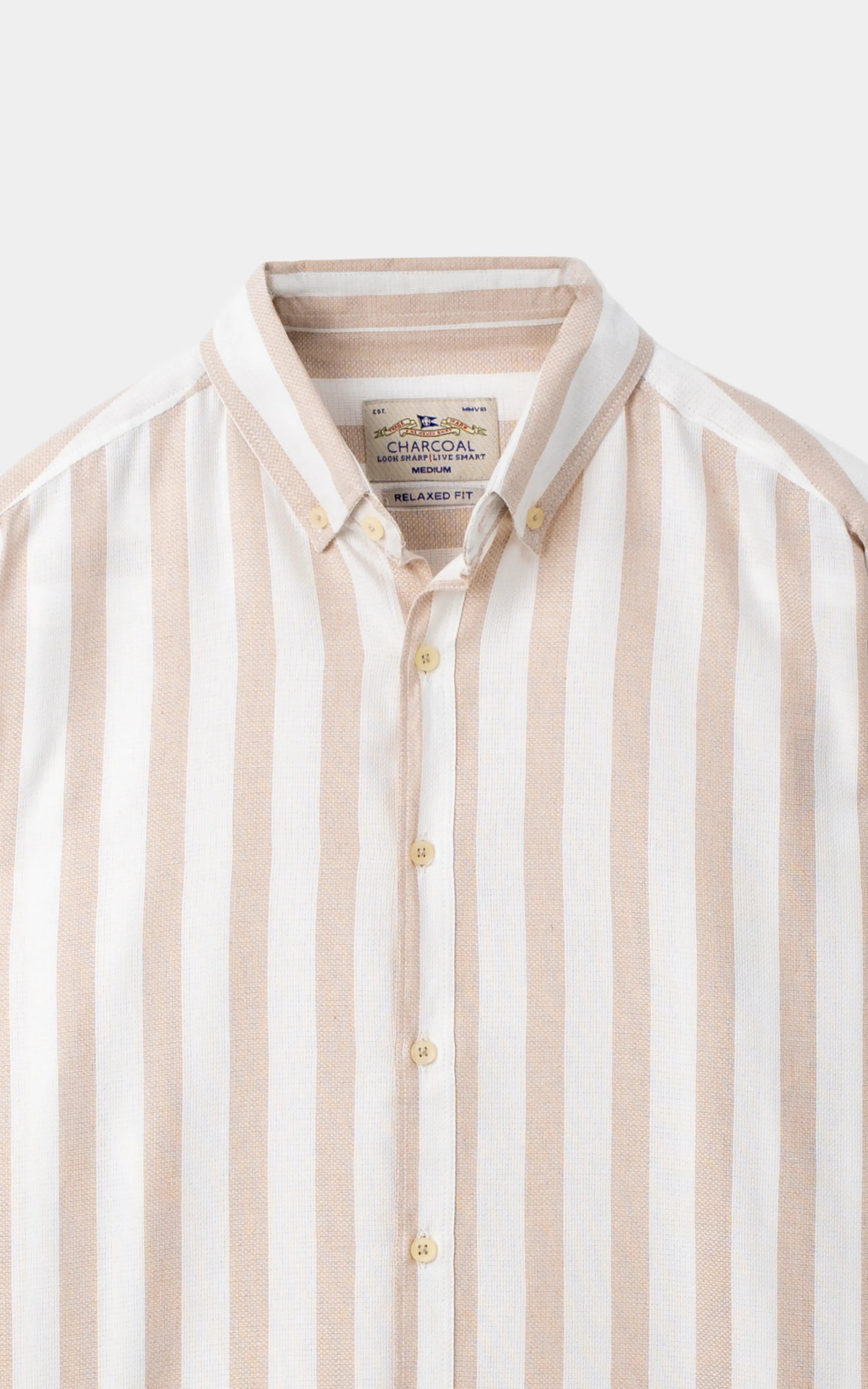 YARN DYED STRIPED CASUAL SHIRT WHITE BEIGE STRIPE