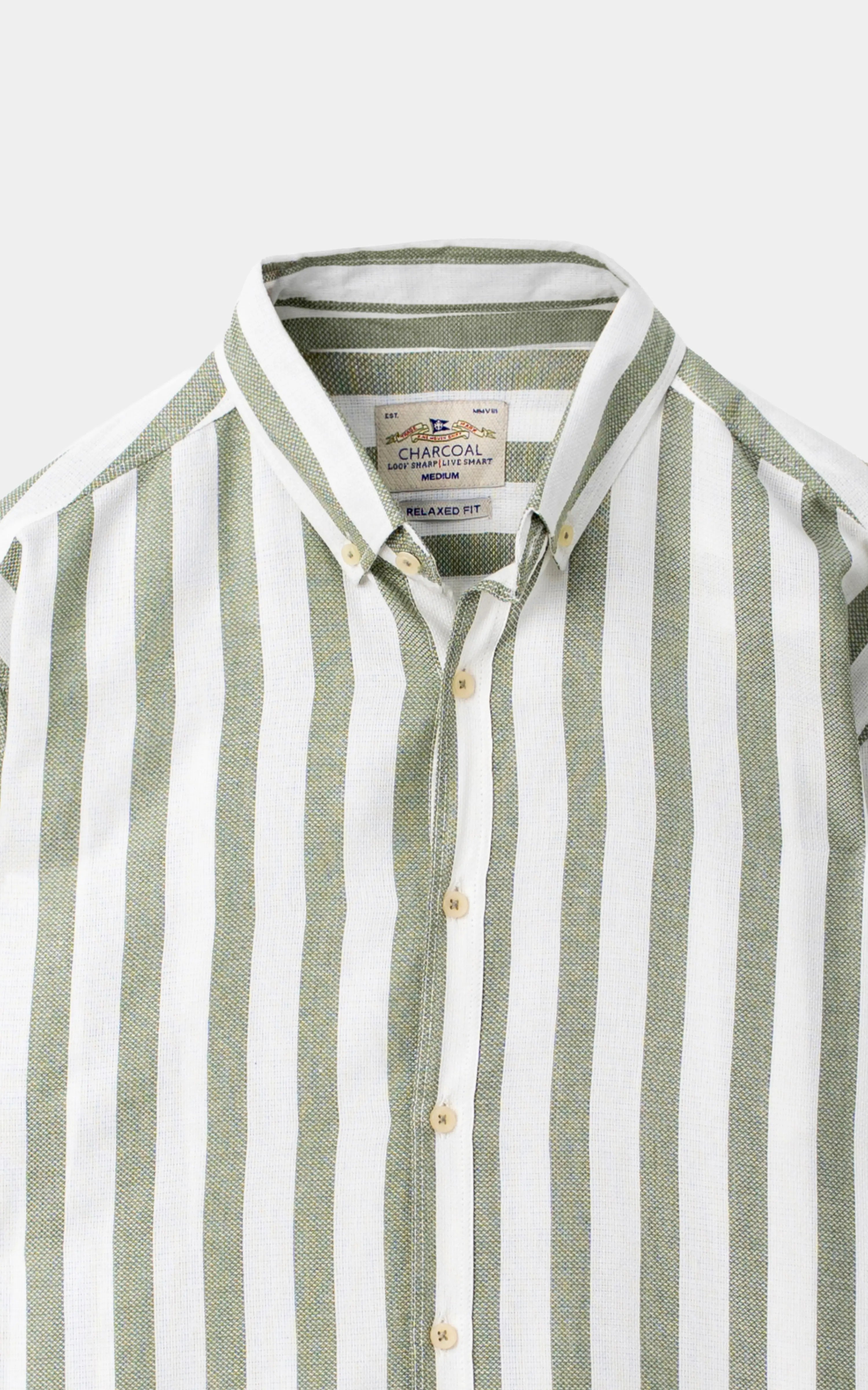 YARN DYED STRIPED CASUAL SHIRT WHITE GREEN STRIPE