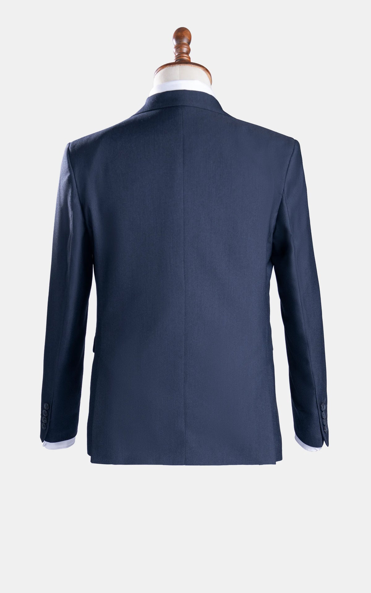 Dark navy suit jacket back view with sleeves and buttoned cuffs