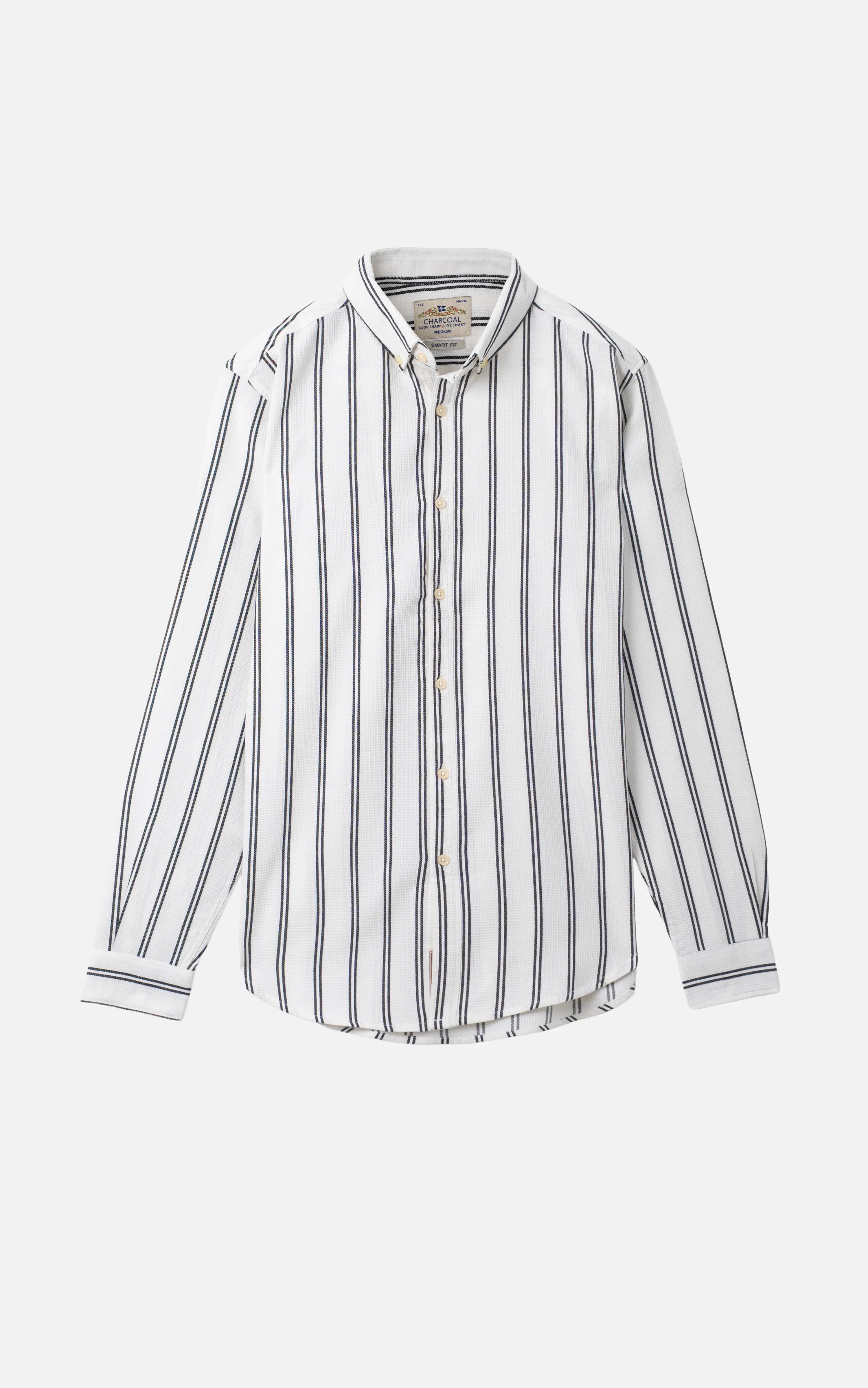 WAFFLE STRIPED CASUAL SHIRT OFF White BLACK STRIPE