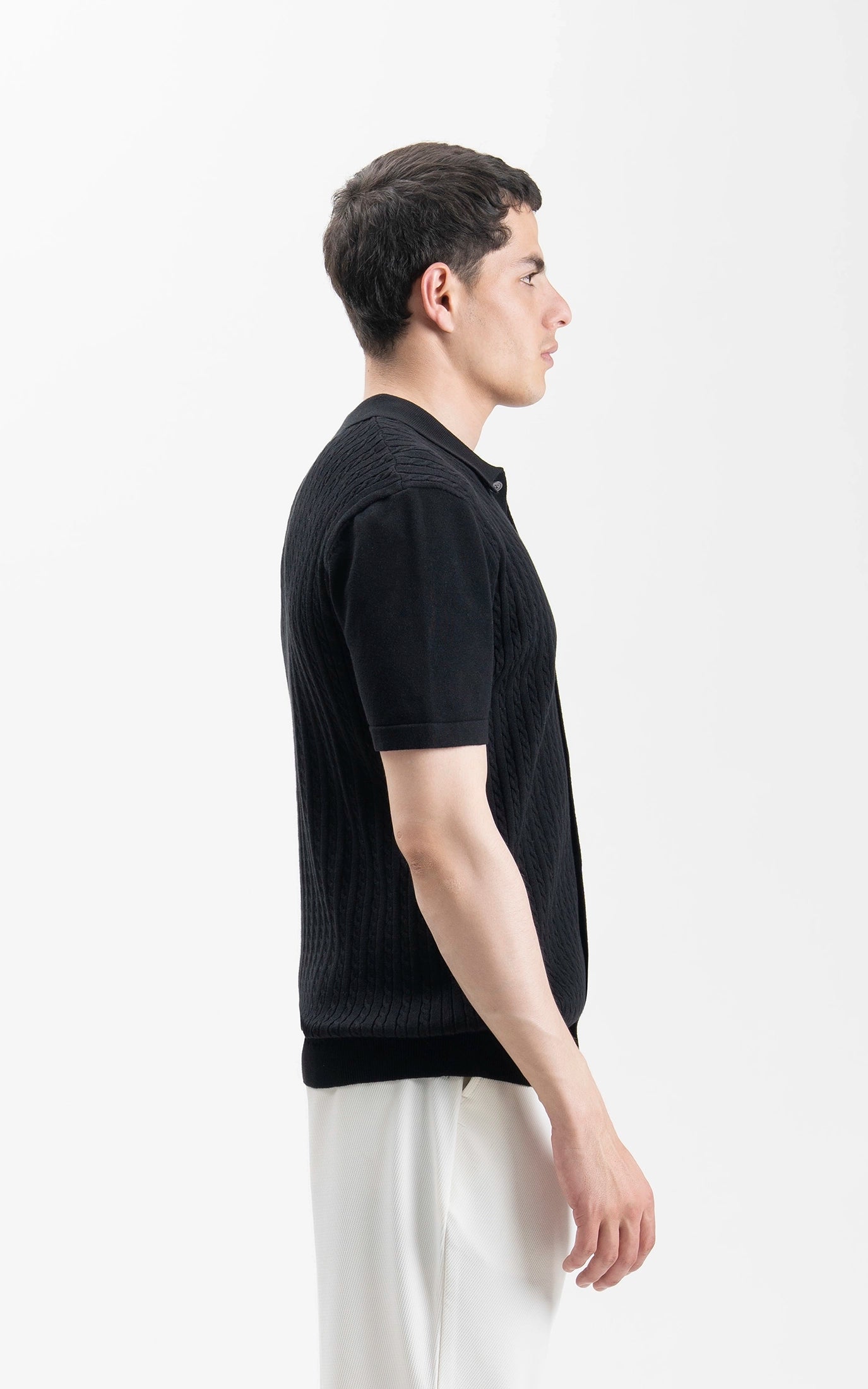 HALF SLEEVE CABLE KNIT CASUAL SHIRT BLACK