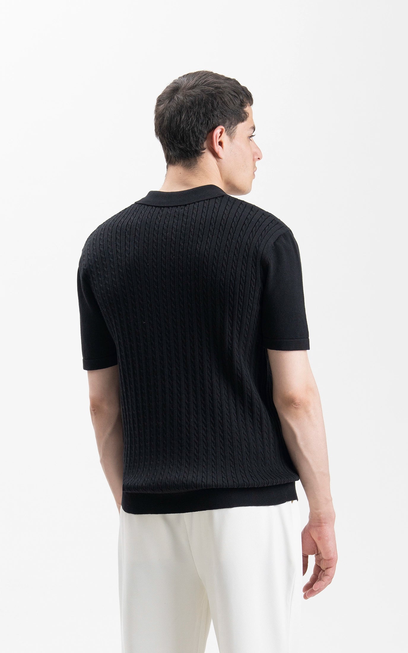 HALF SLEEVE CABLE KNIT CASUAL SHIRT BLACK