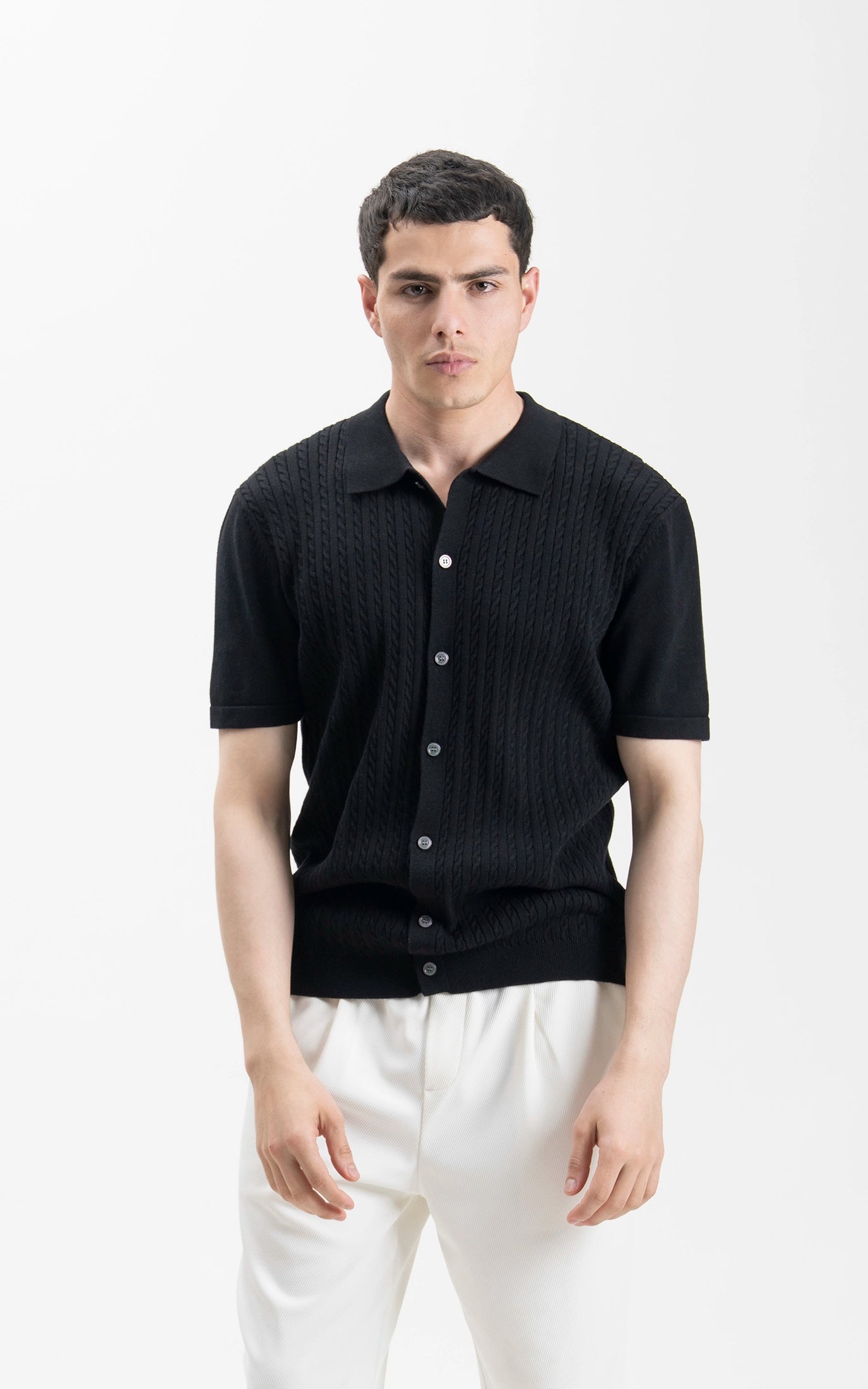 HALF SLEEVE CABLE KNIT CASUAL SHIRT BLACK