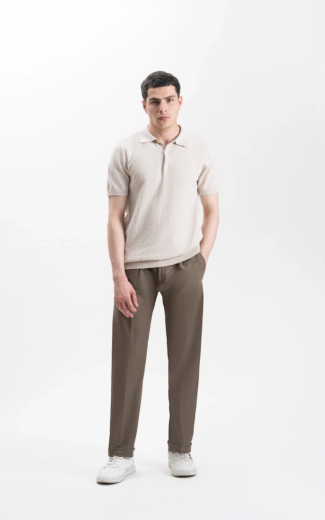 SWEATER KNIT SELF TEXTURED POLO BEIGE